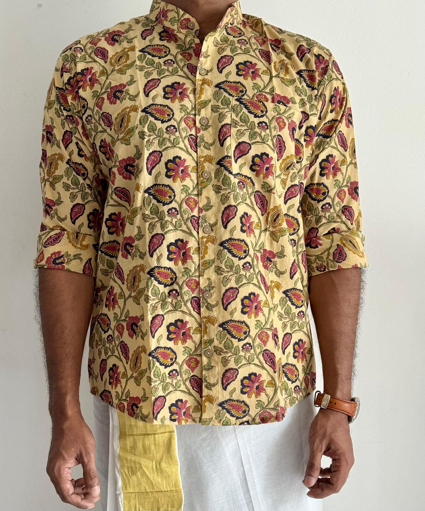 Light Cream Floral Block Printed Cotton Men's Mandarin Collar Kurta Shirt - YCMSEIE201