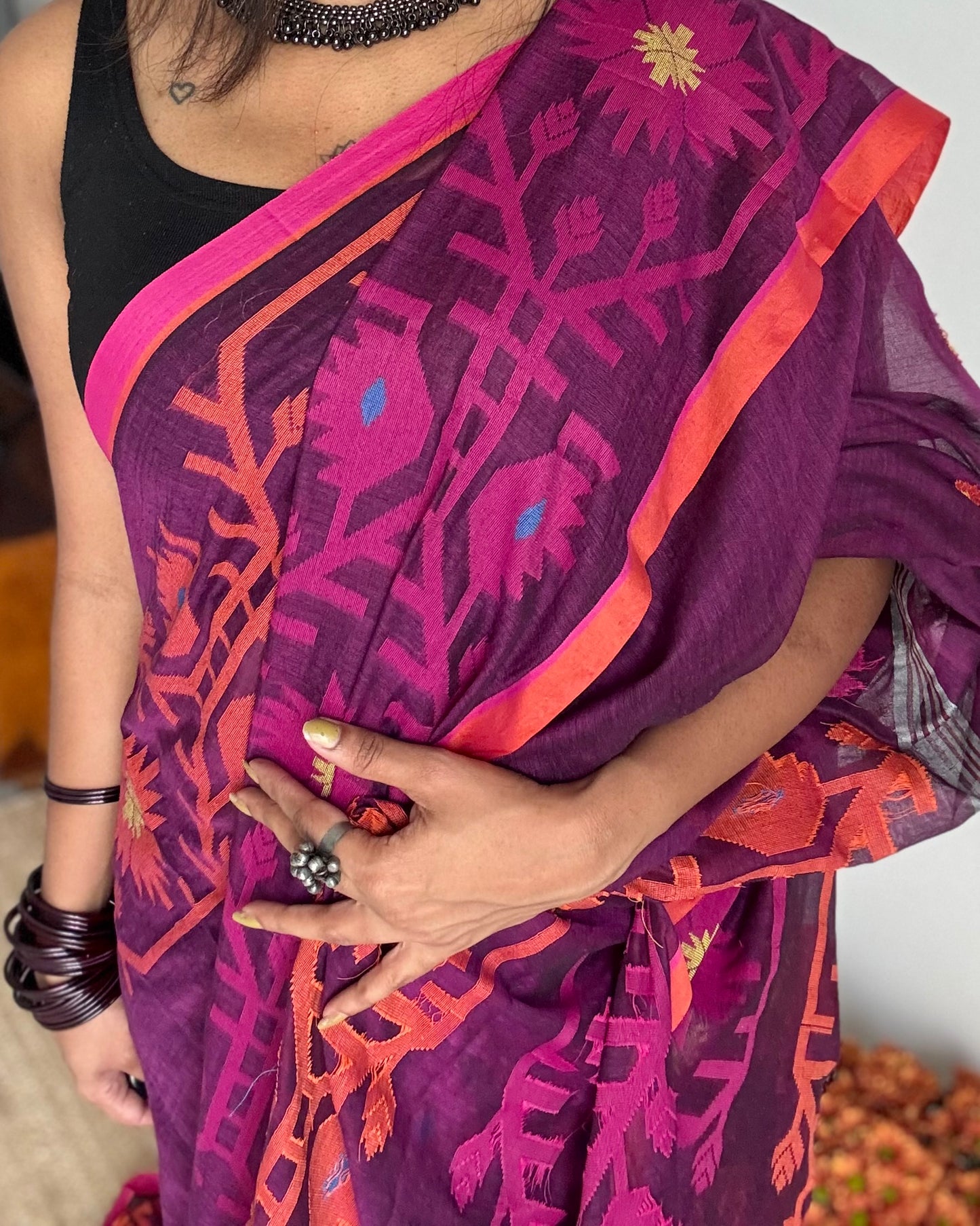 Purple with pink and orange jamdani saree in mul cotton - YCBCJDFE384