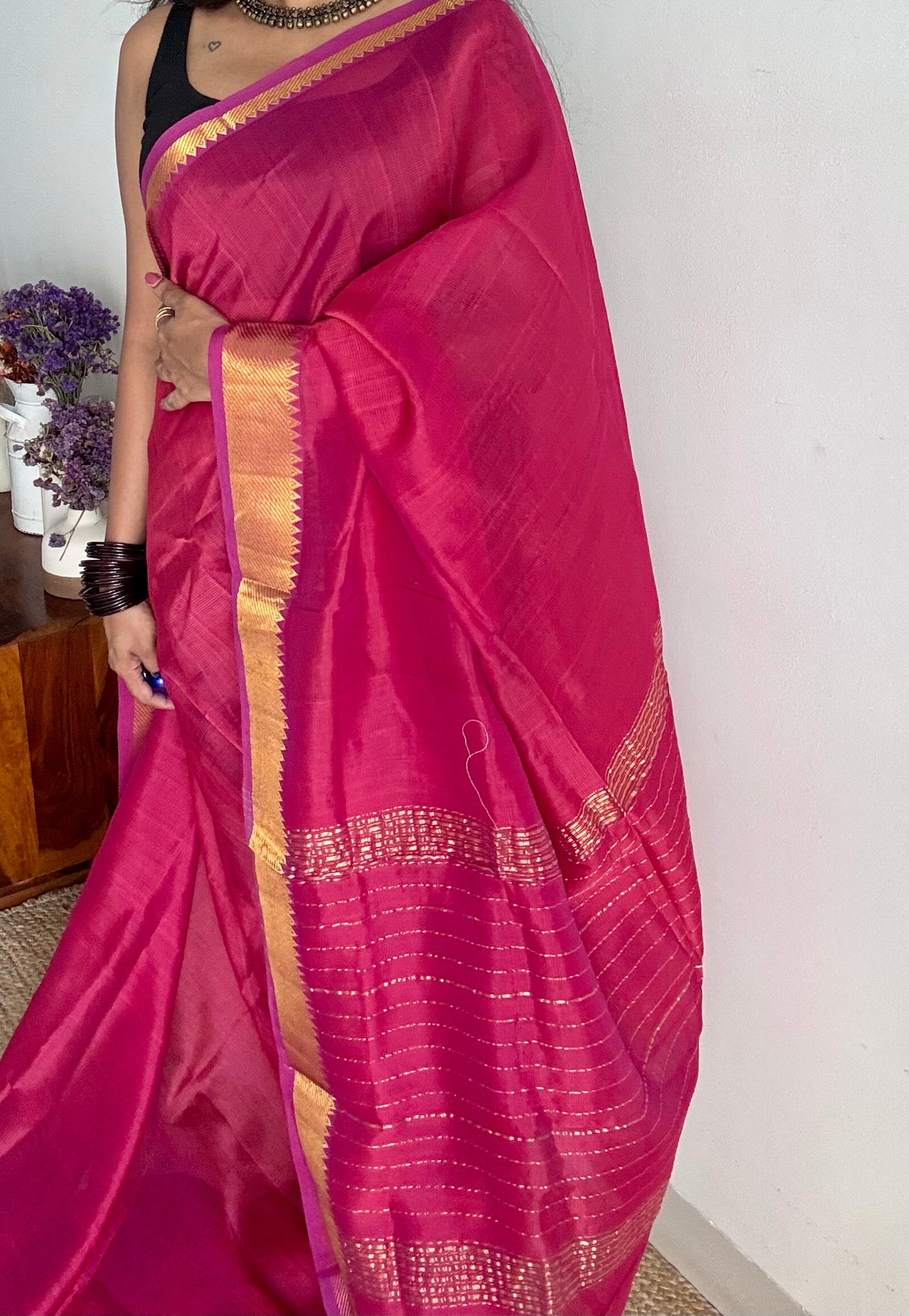 Plain hot pink dual tone with gold zari border, mangalgiri silk cotton, handwoven, soft, light weight - YCWOTDMSAP224