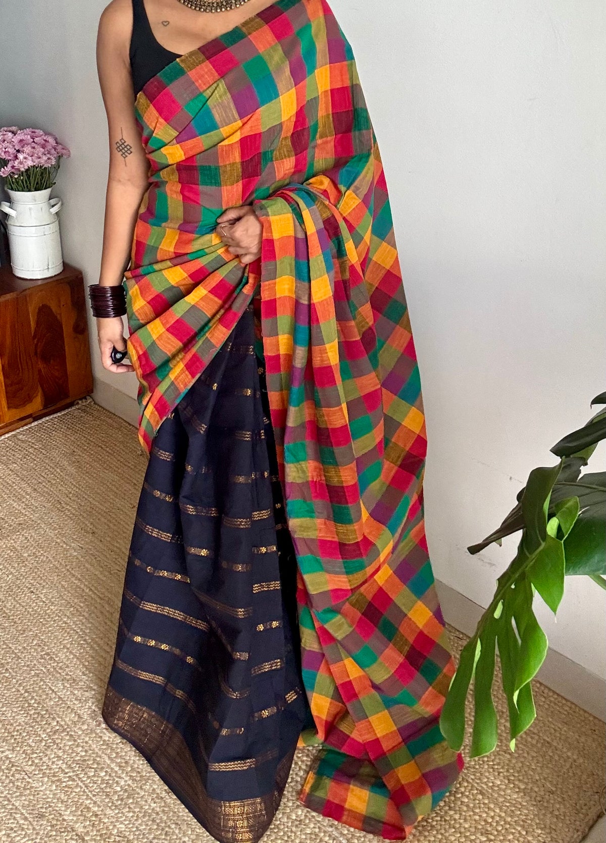 Black velthaari stripes with multicoloured madras checks, cotton half and half saree - YCCOTNIDOC167