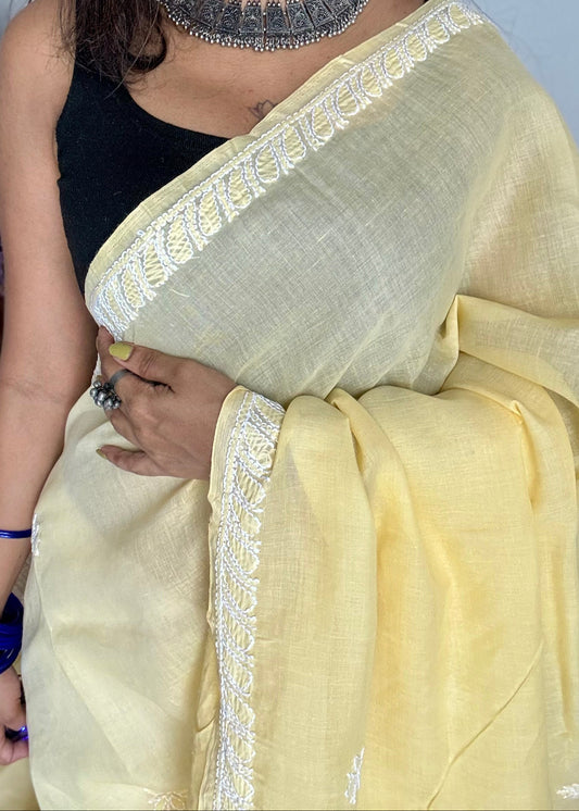 Ziya - light canary yellow hand-embroidered chikankari cotton saree - YCLCKFE417