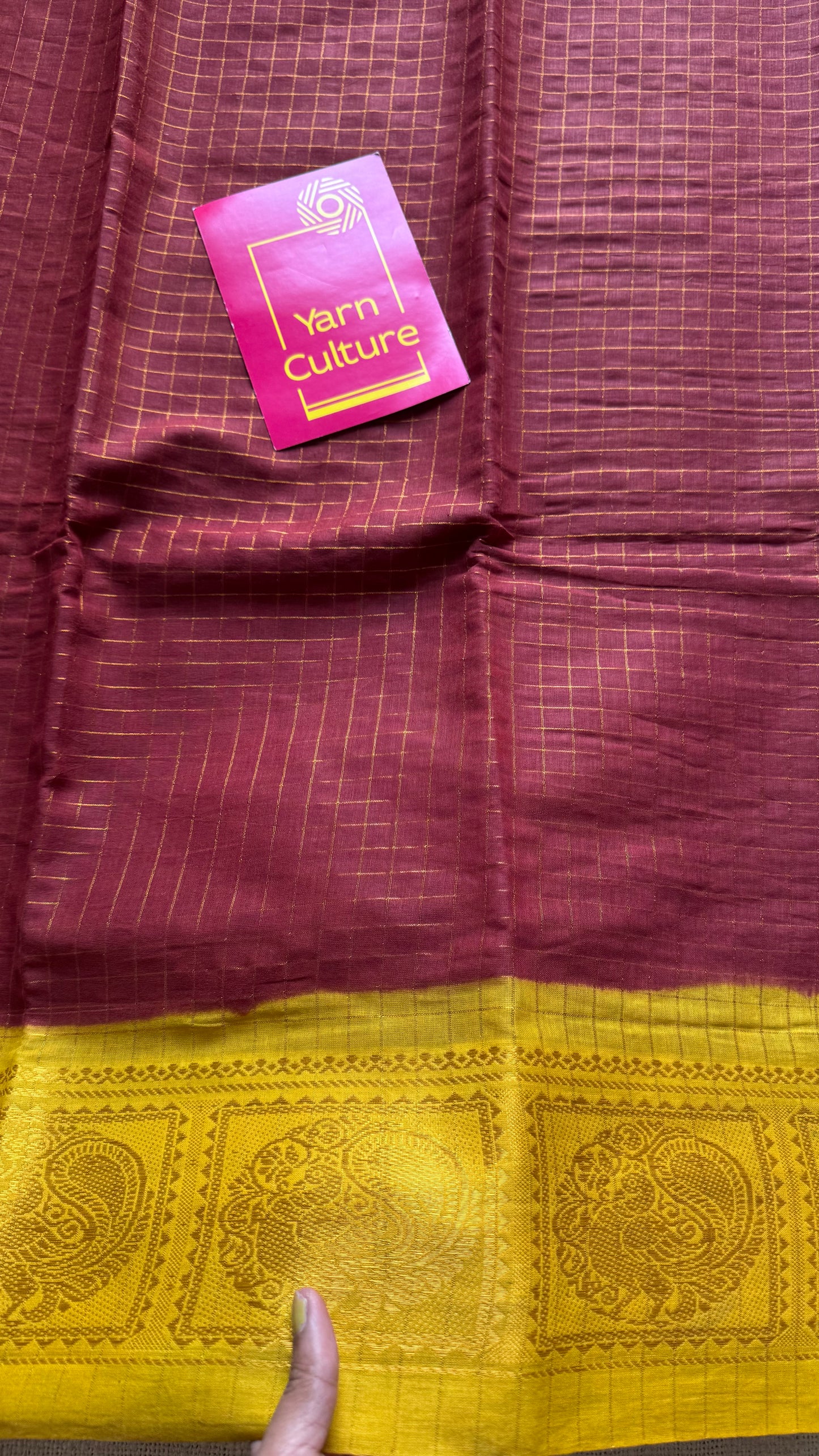 Brown with yellow contrast, zari checkered sungudi, kattuchayam dyed madurai cotton - YCCOTNMSFE333