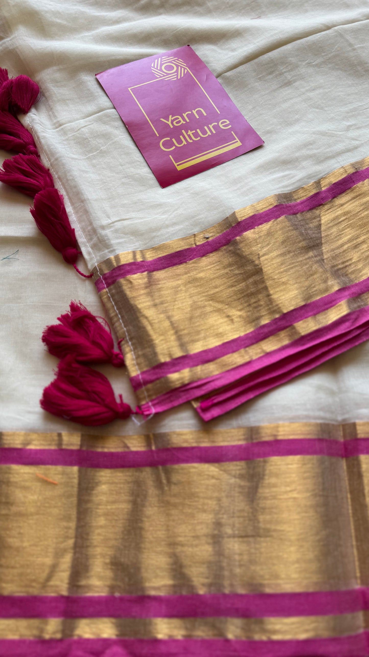 Ivory mul saree with gold zari border with hot pink highlights - YCIEBCFE326