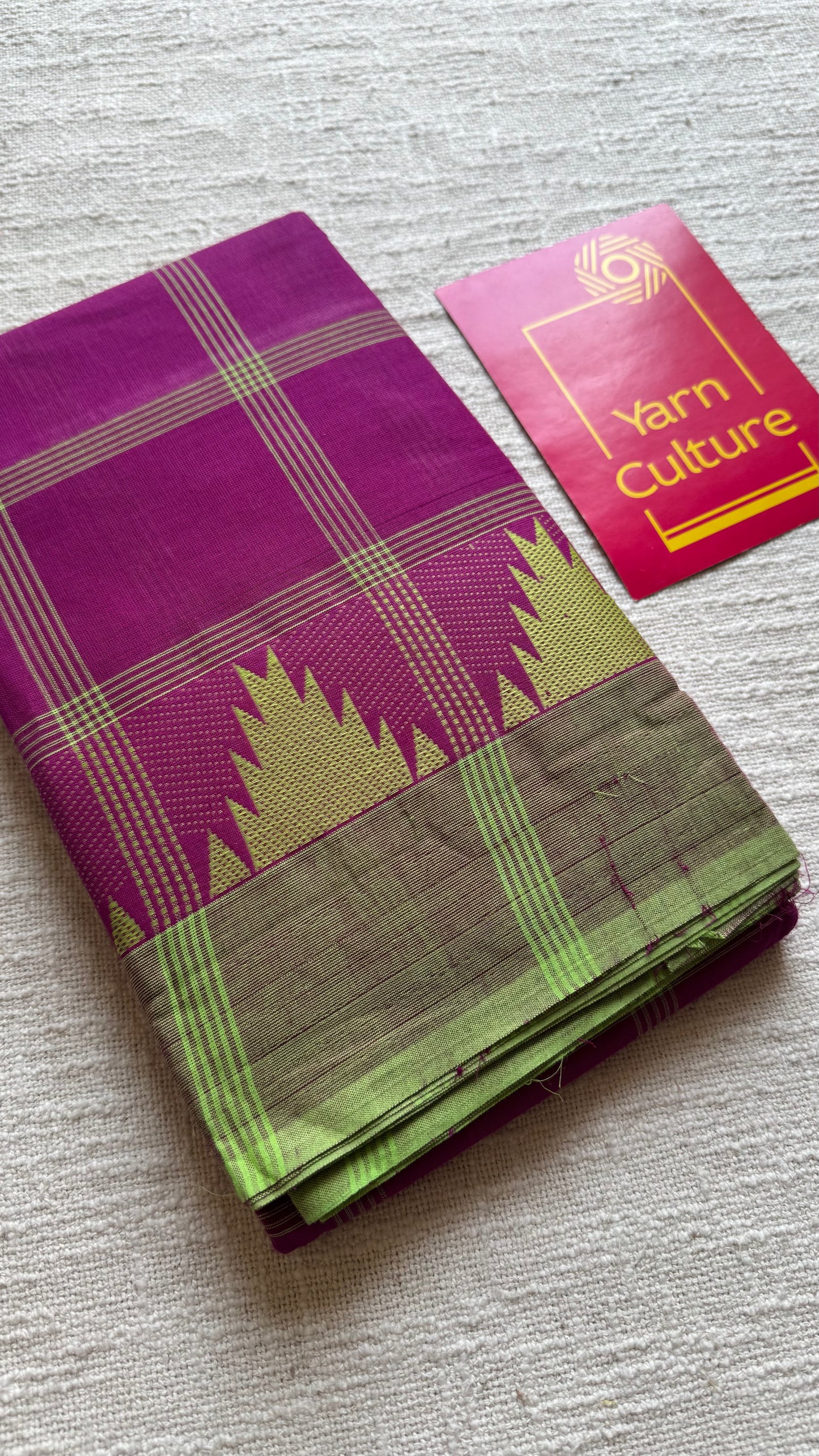 Chettinad cotton saree with magenta and lime green checks, temple motif border - YCCOTNAP69