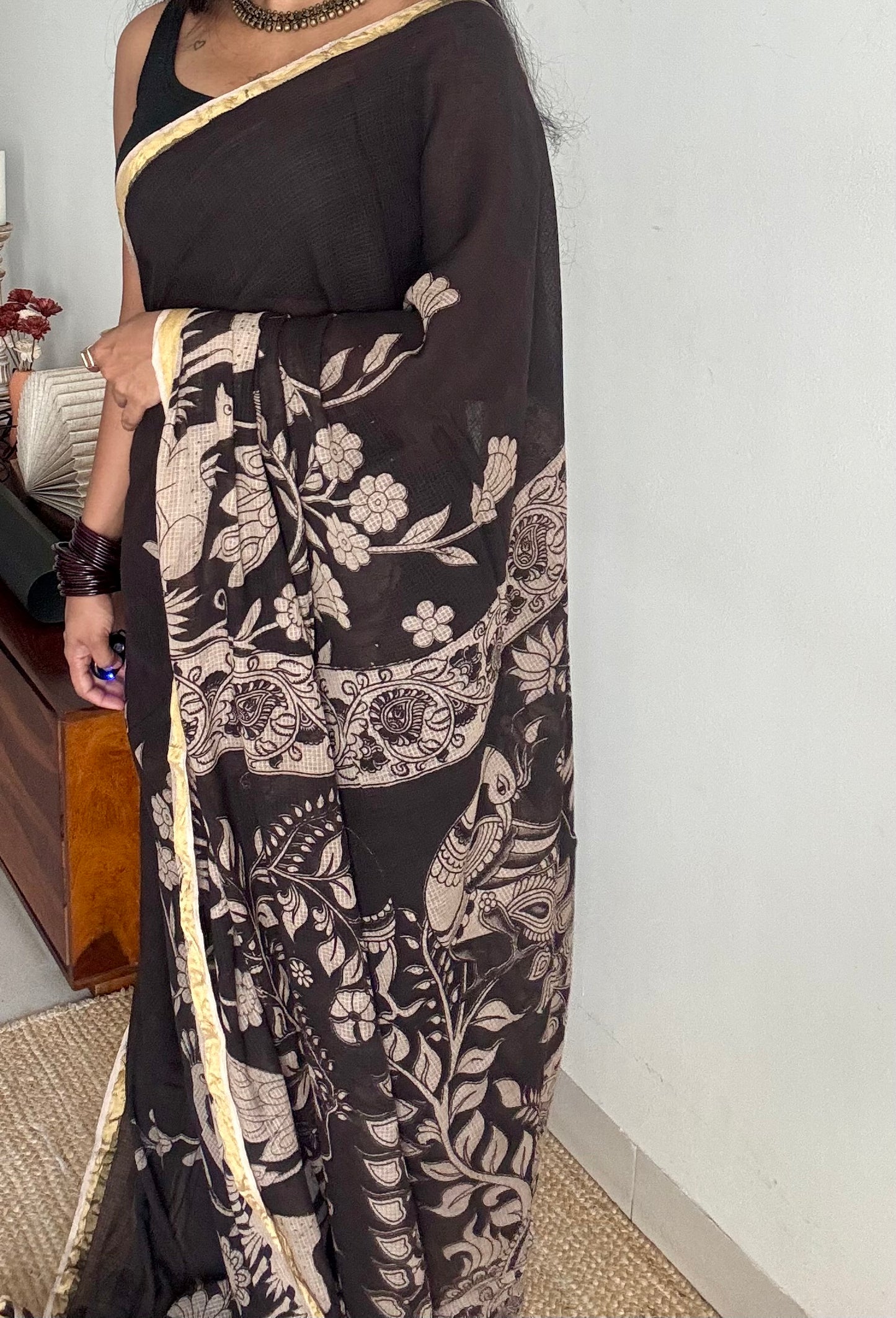 Black floral kalamkari saree in kota - YCWOTDMA356