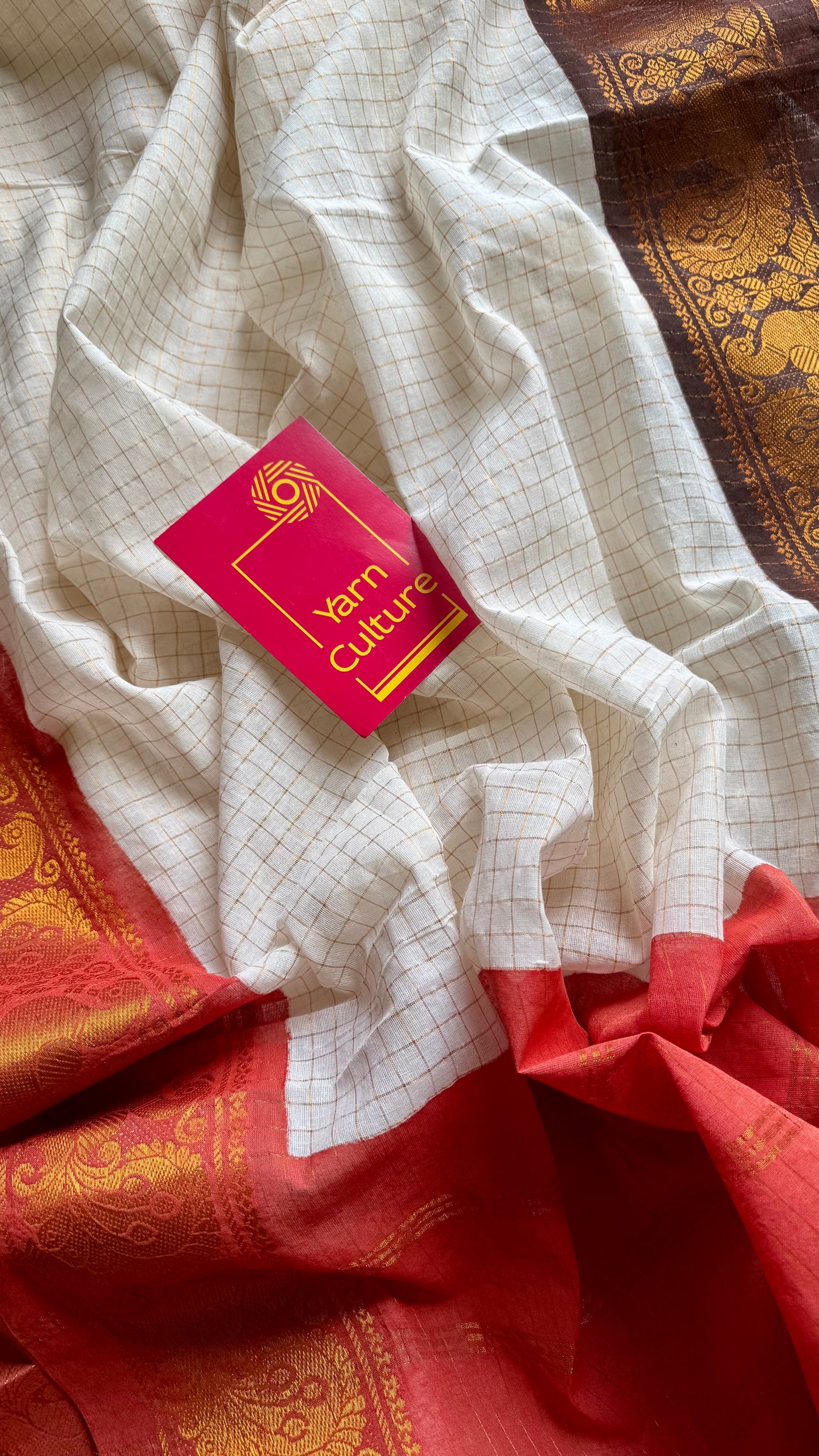 Namita : Kanakambaram - Sungudi checks, ivory gold base, brown and orange dual tone border, soft cotton - YCIEON160