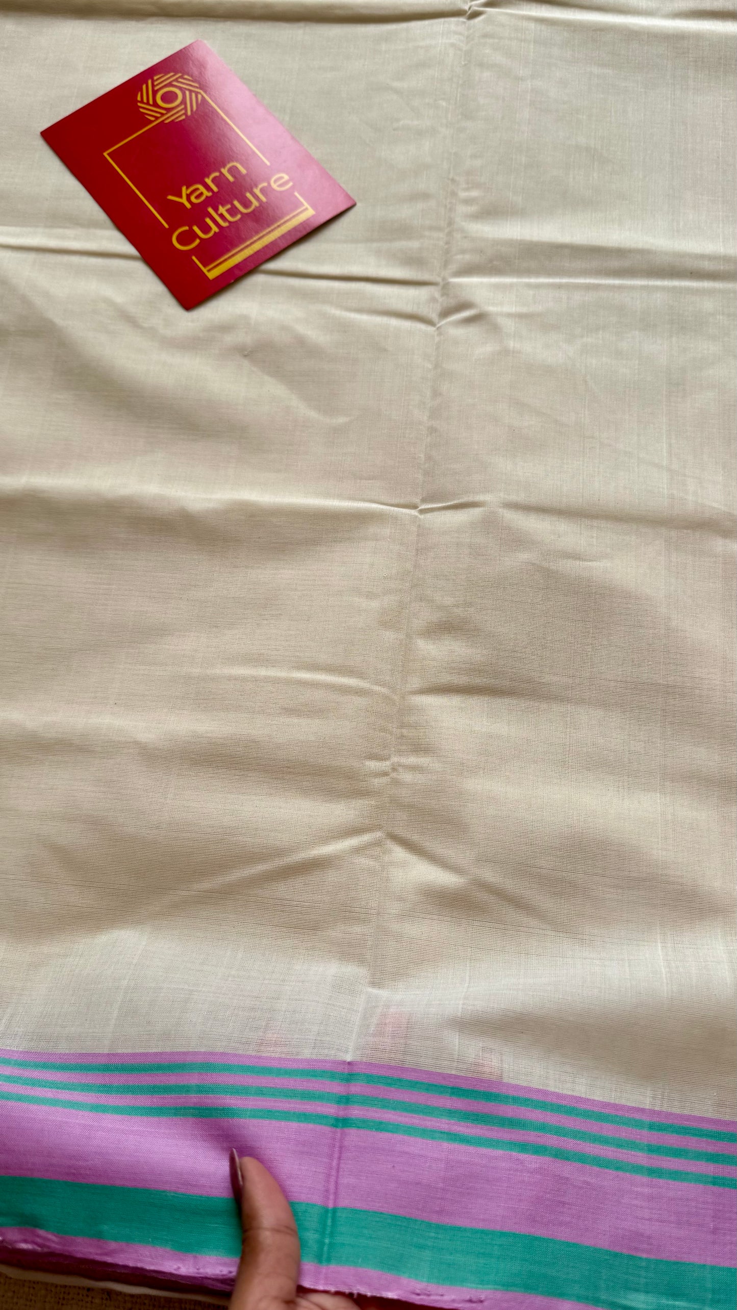 Handloom, woven in Chendamangalam Looms, ivory with pink and green stripes, soft cotton saree - YCIEON149