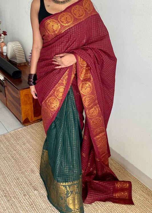 Maroon and bottle green, sungudi cotton half-half saree - YCCOTNIDMA306
