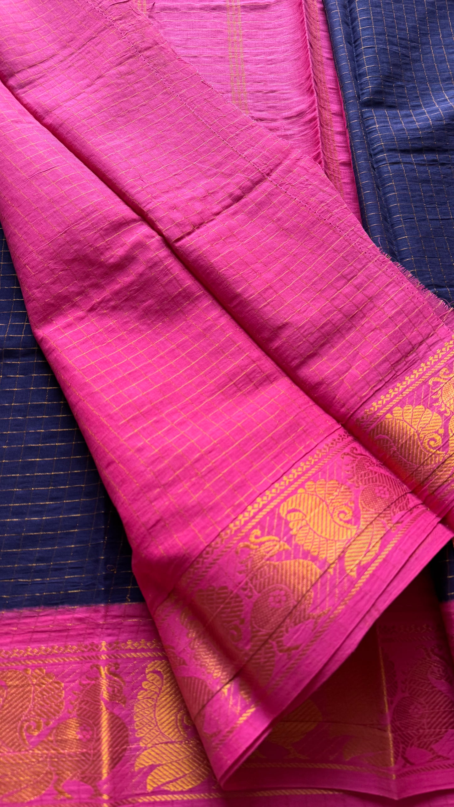 Navy blue with pink contrast, zari checkered sungudi, kattuchayam dyed madurai cotton - YCCOTNMSFE331