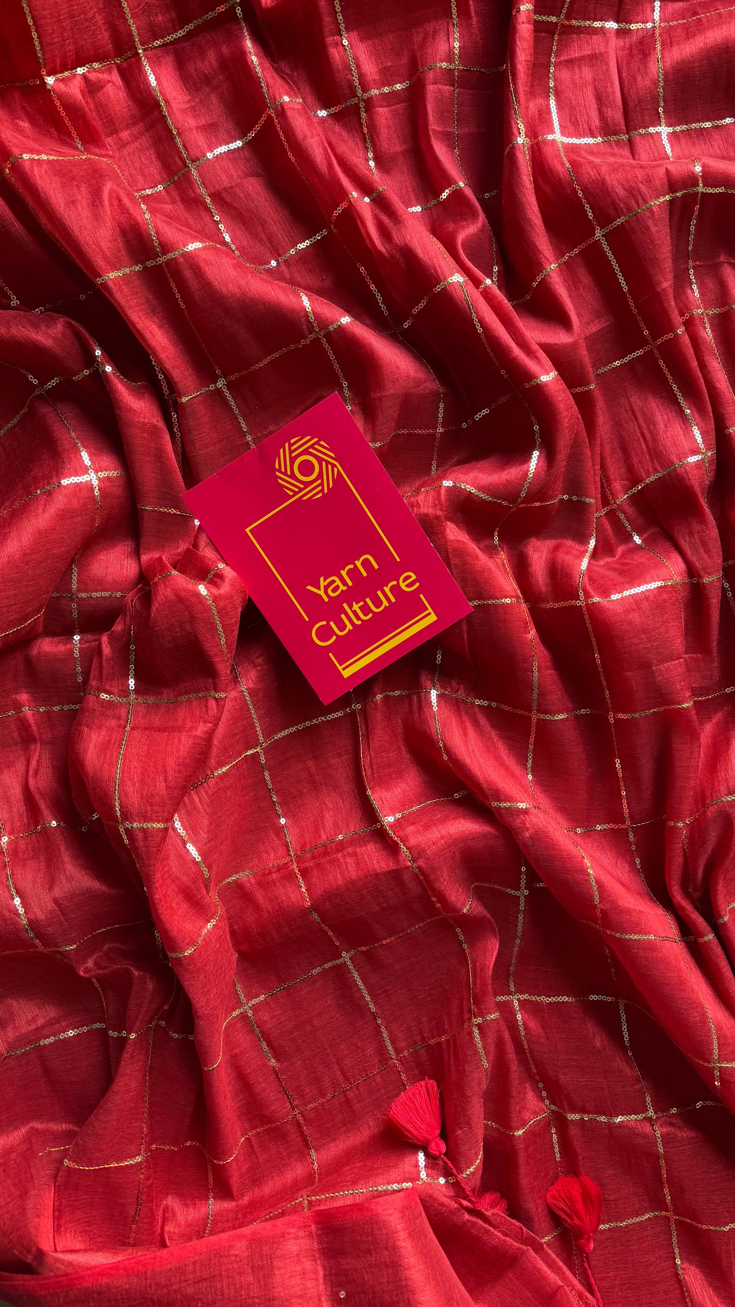 Red, checkered sequins work, mul tissue - YCBCMCJA07