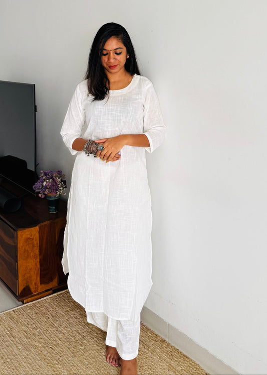 White cotton round-neck stitched kurta co-ord set, three-fourth sleeves - YCSEBPSFE247
