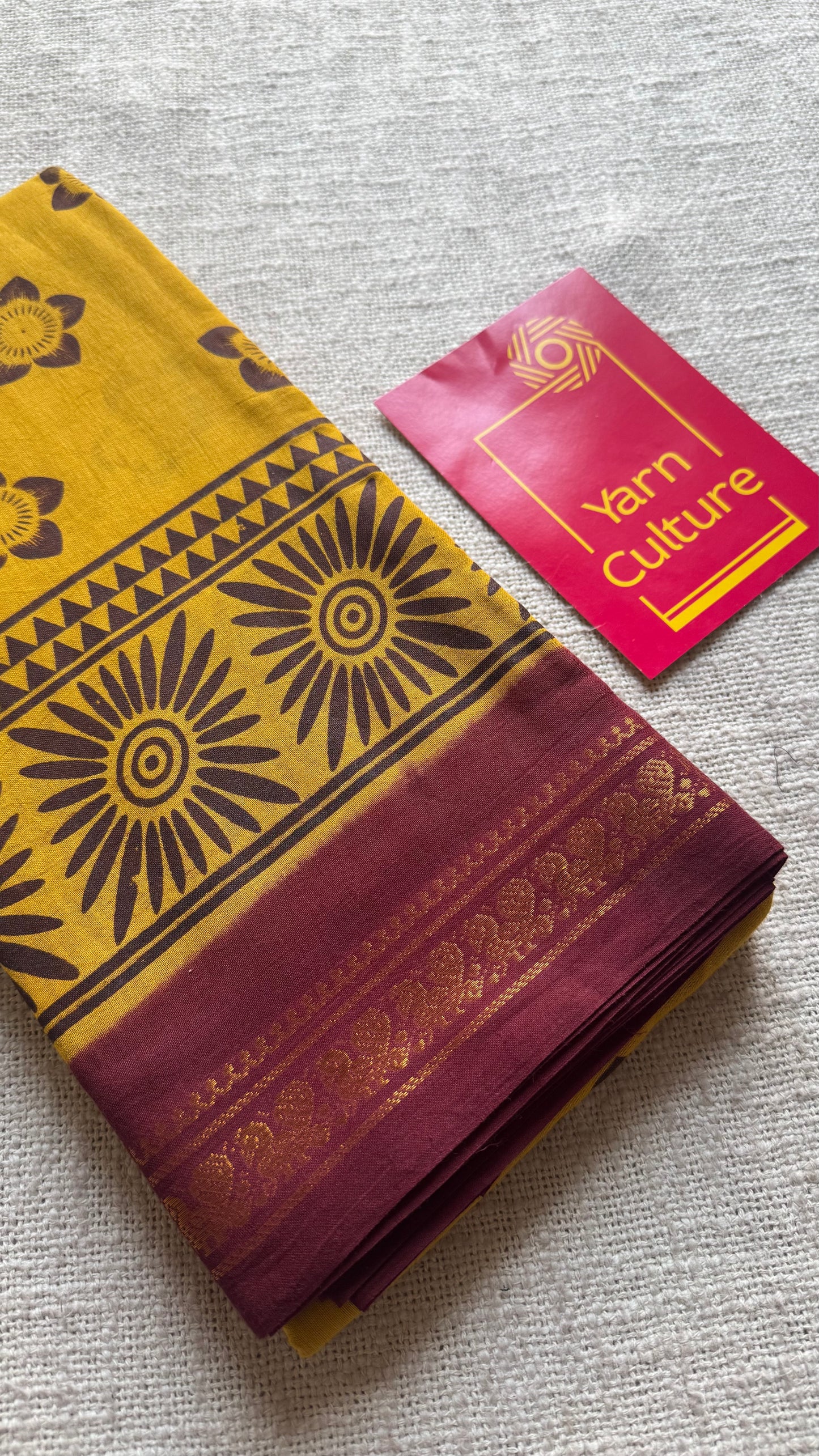 Yellow with maroon, motif printed, kattuchayam dyed madurai sungudi cotton saree - YCCOTNMSFE74