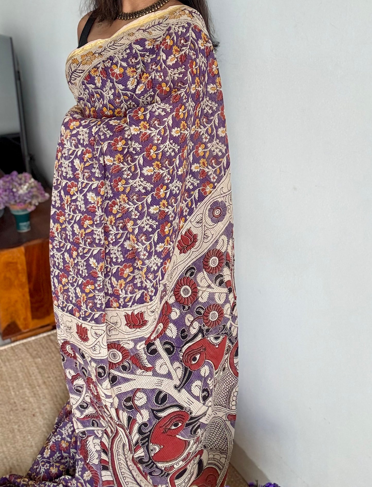 Purple cream red kalamkari saree in kota, with zari border - YCWOTDKKFE18