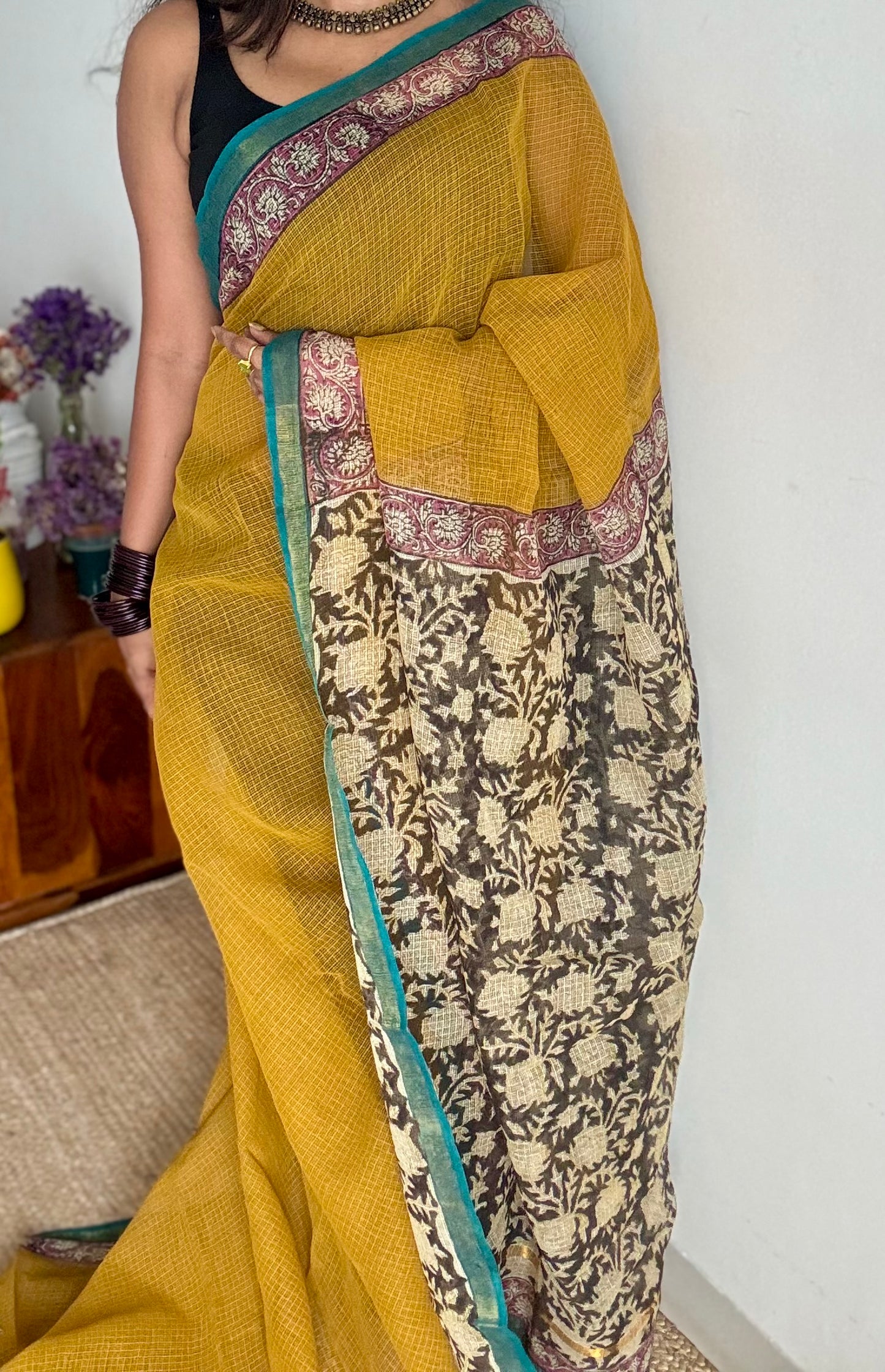 Haldi Pop - Mustard yellow kota doria saree, with gold zari border - YCTORKDAP07