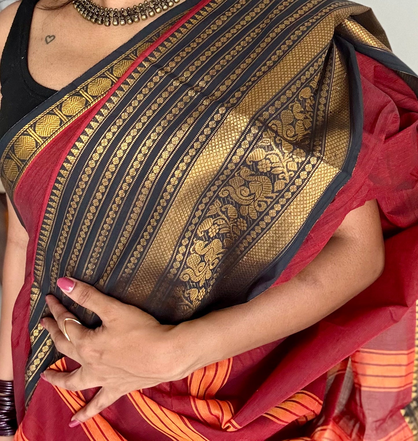 Kanchi cotton saree, dark red with black wide zari border - YCCOTNAP91