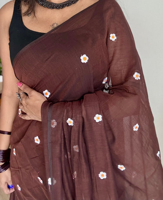 Brown with white floral embroidered mul cotton saree  - YCBCMCAP42