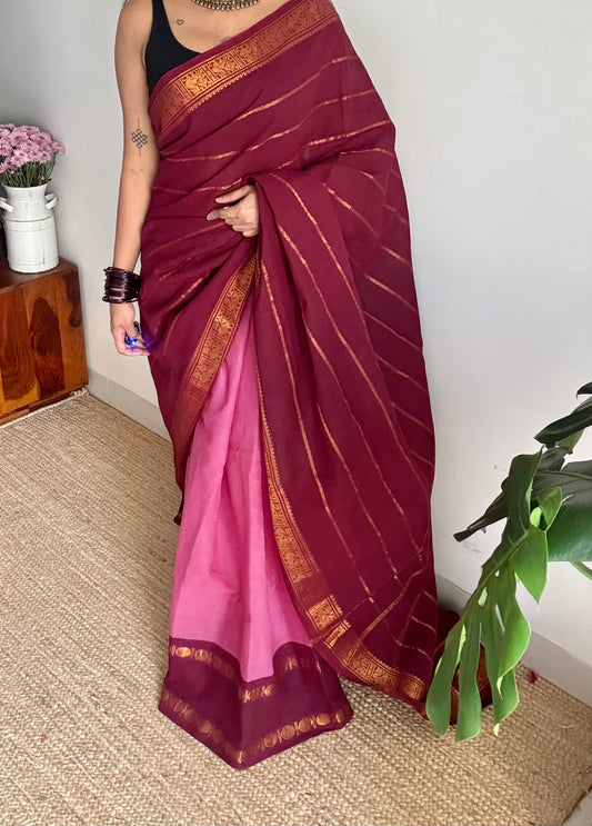 Maroon with dusty pink, cotton half and half saree - YCCOTNIDOC151