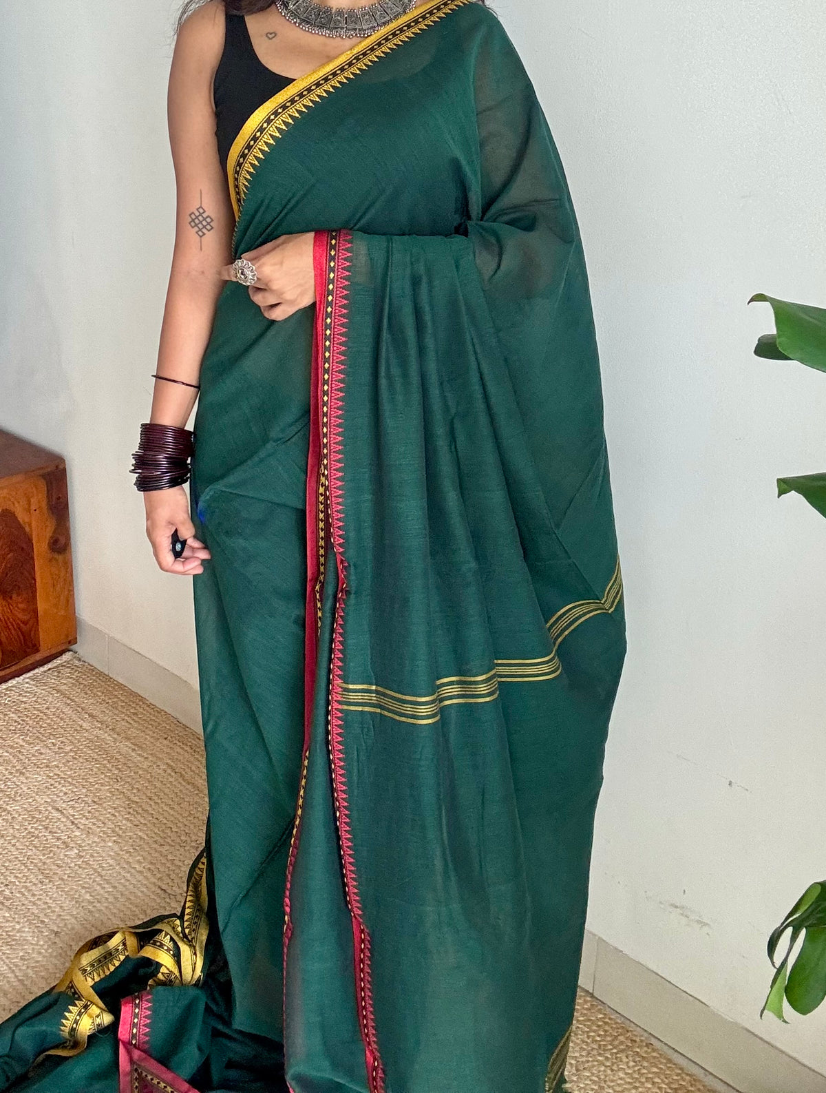 Handloom Bengal soft cotton saree, dark green with yellow and red woven dual tone borders - YCBCMCSE41