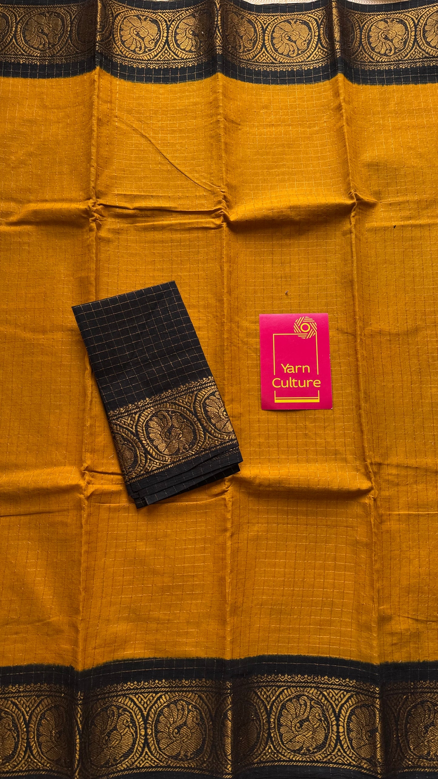Yellow with black contrast zari checkered sungudi, kattuchayam dyed madurai cotton - YCCOTNMSAP94
