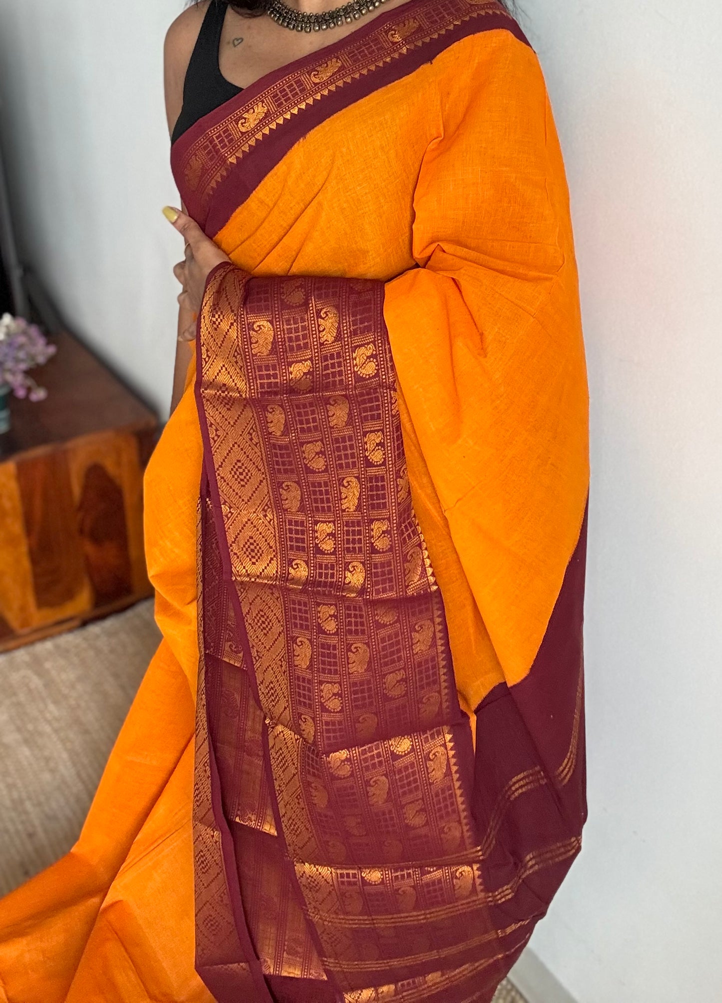 Mango yellow with maroon border, sungudi, madurai soft cotton - YCCOTNSUJA02