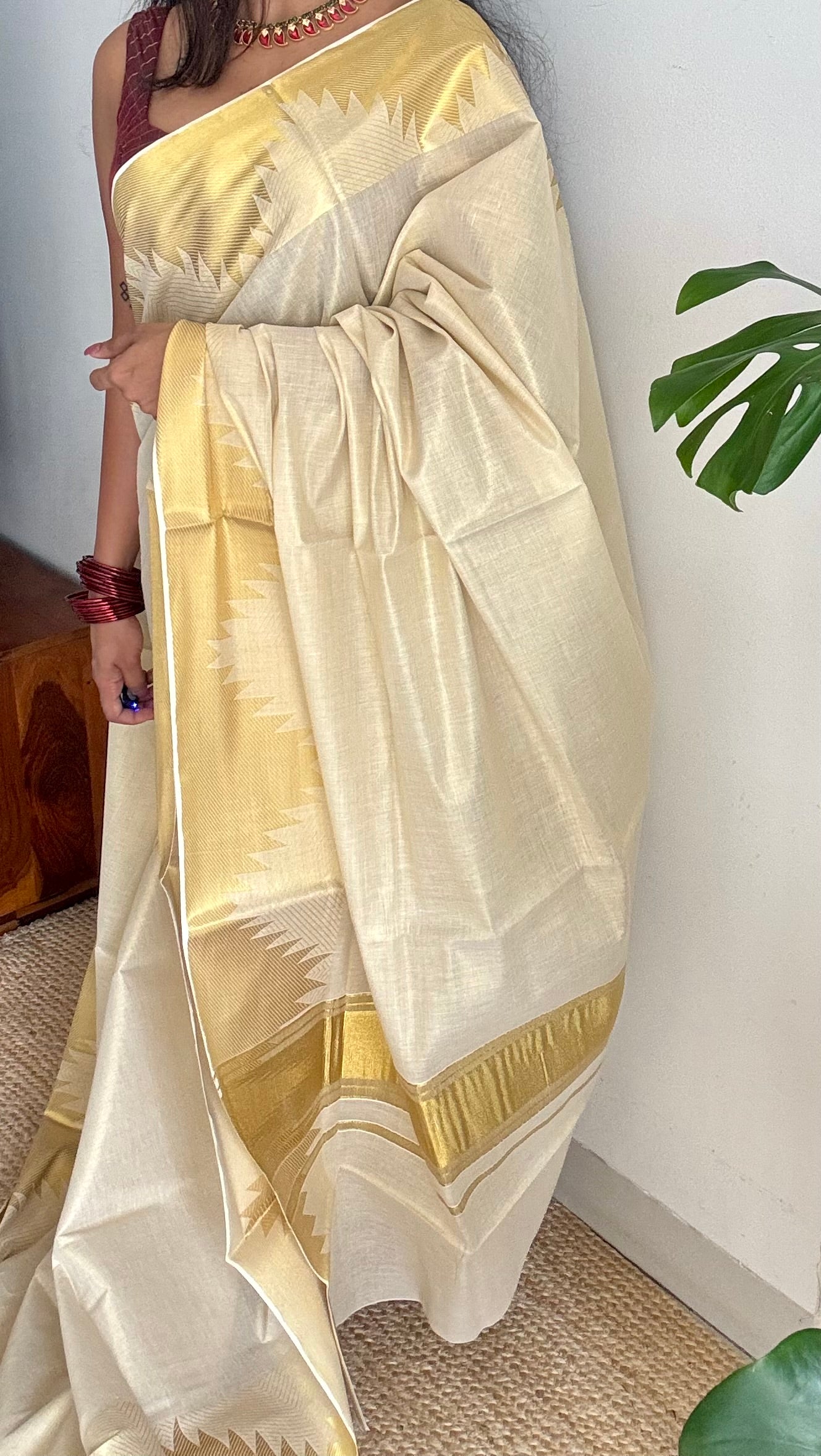 Ivory and gold soft tissue cotton saree, temple motif border - YCIEON81