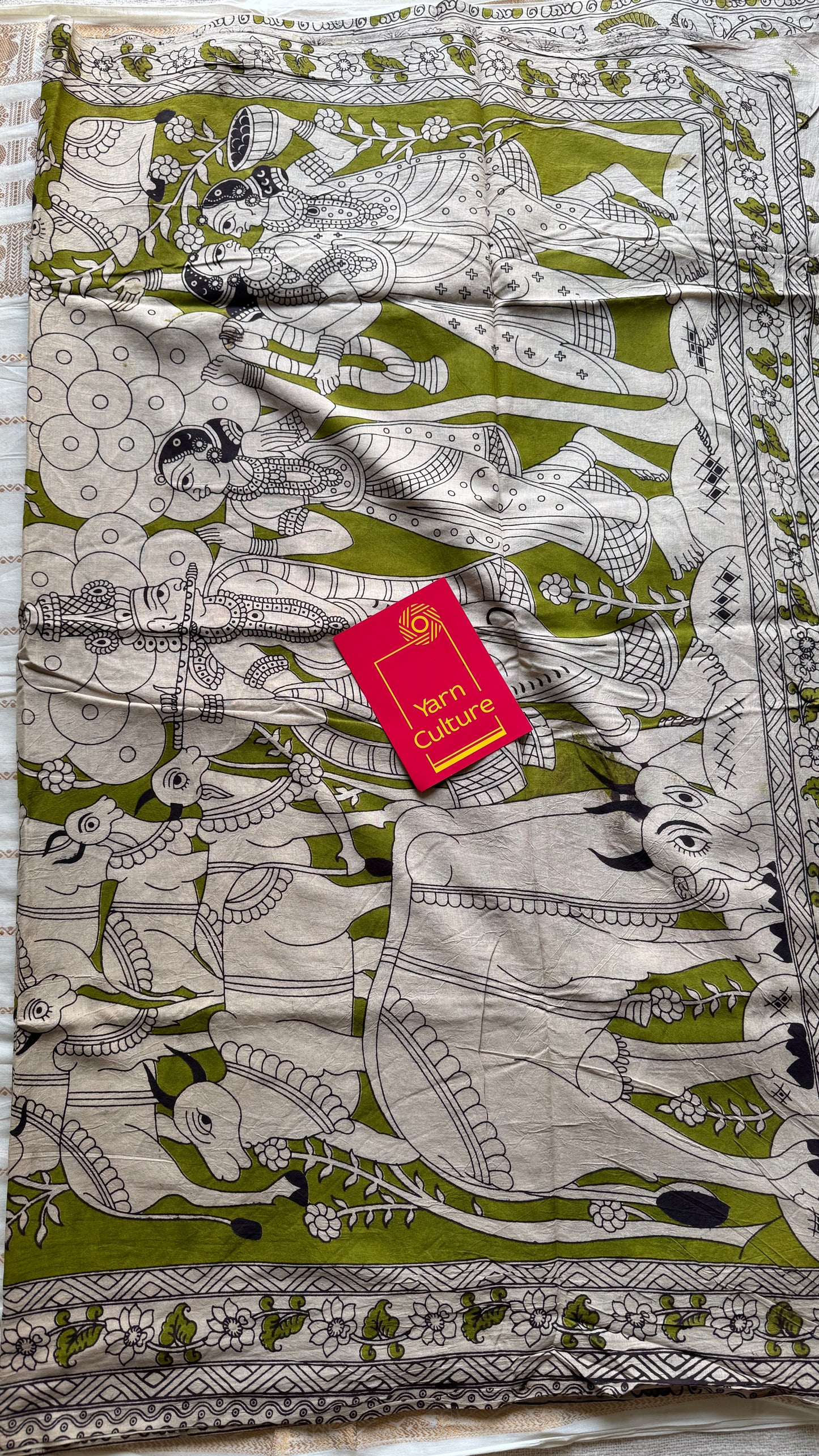 Light green kalamkari saree, floral vines, soft cotton - YCWOTDMA345