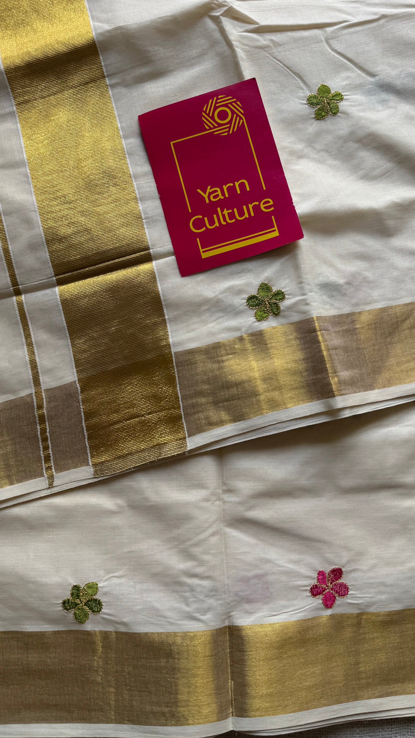 Ivory and gold saree with light green and hot pink floral embroidery - YCIEKCFE310