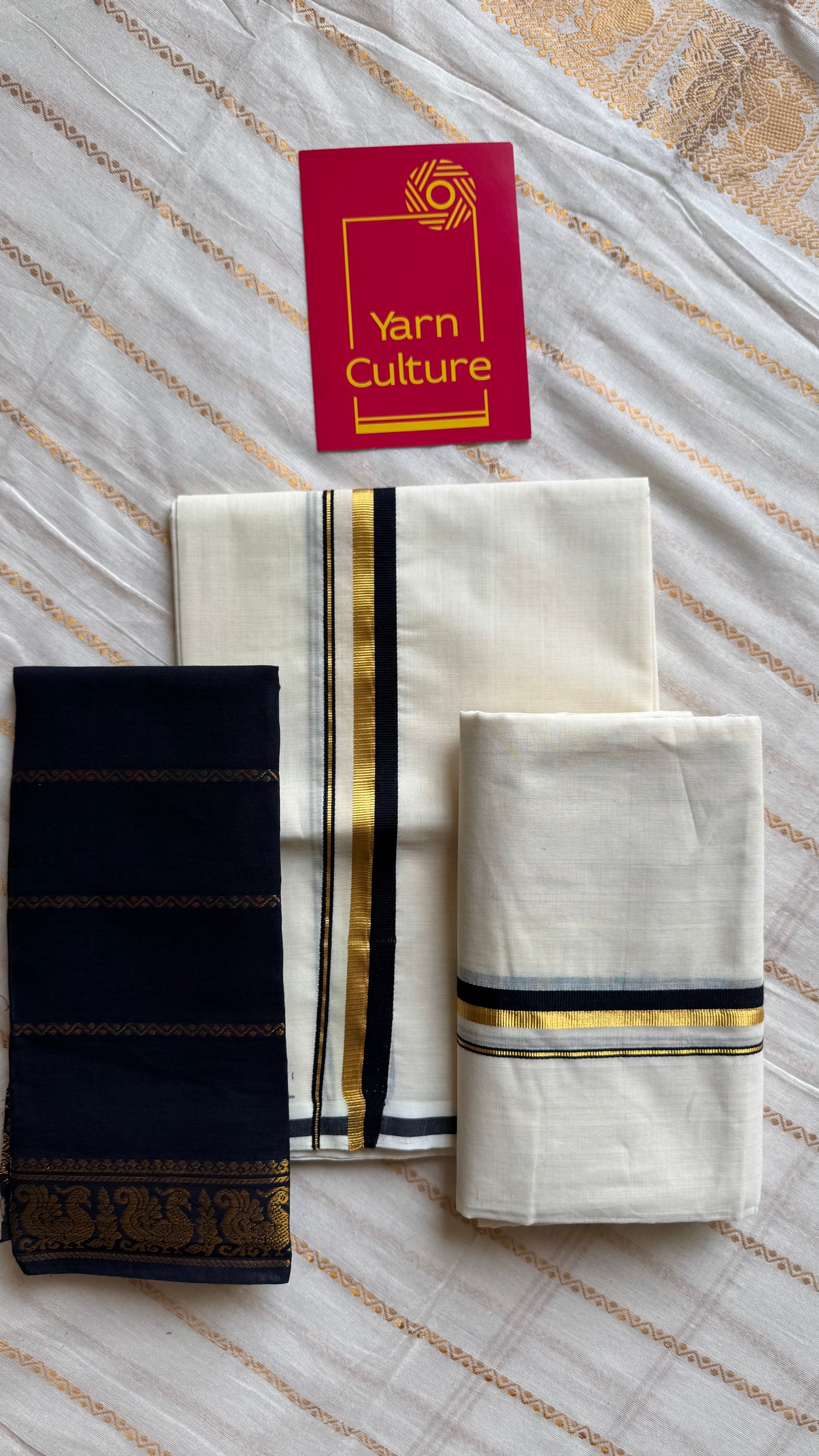Set mund, handwoven from Chendamangalam looms, black and gold - YCIEON145