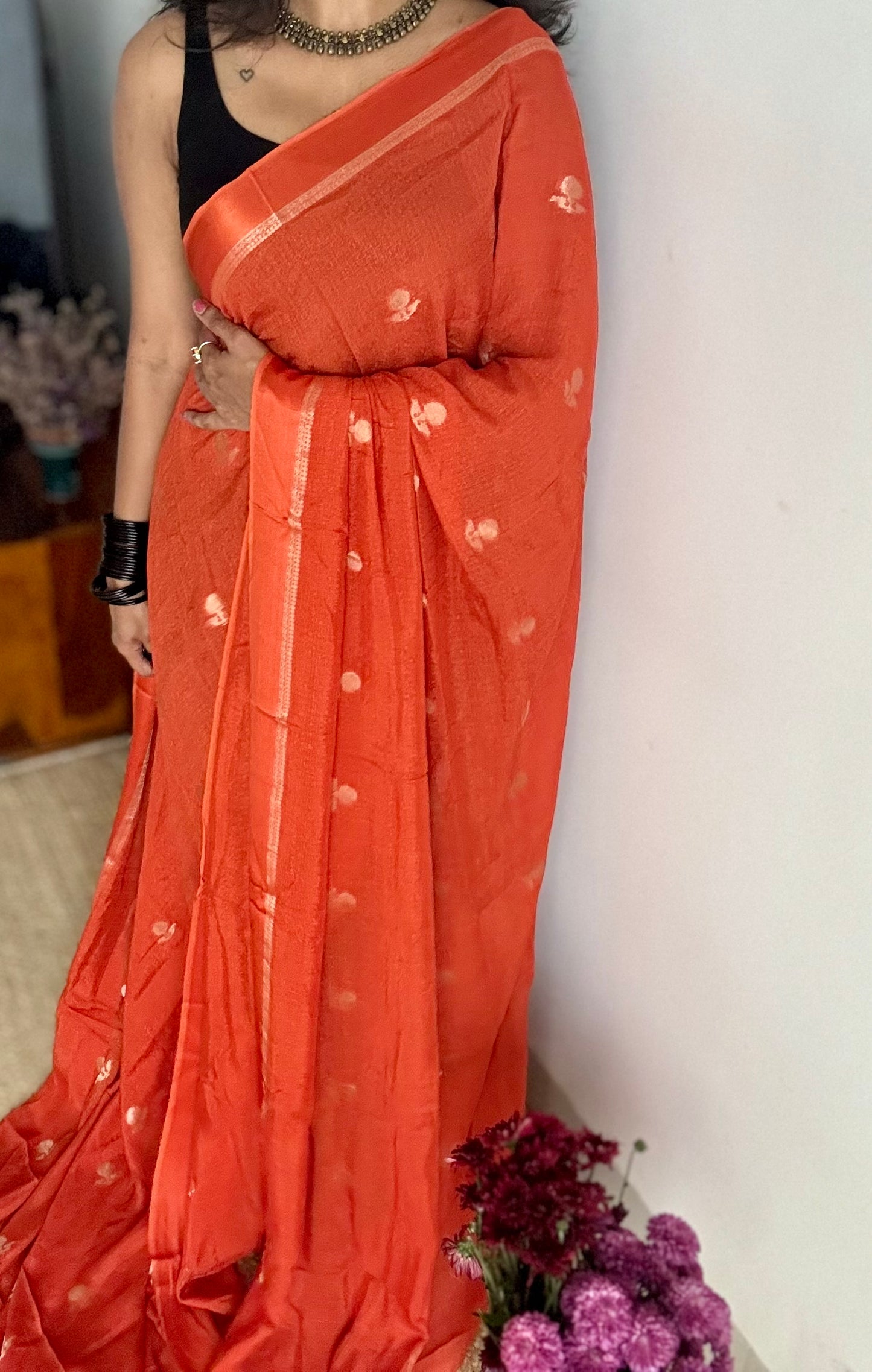 Orange in semi khadi silk, zari motifs - YCDOSFE19