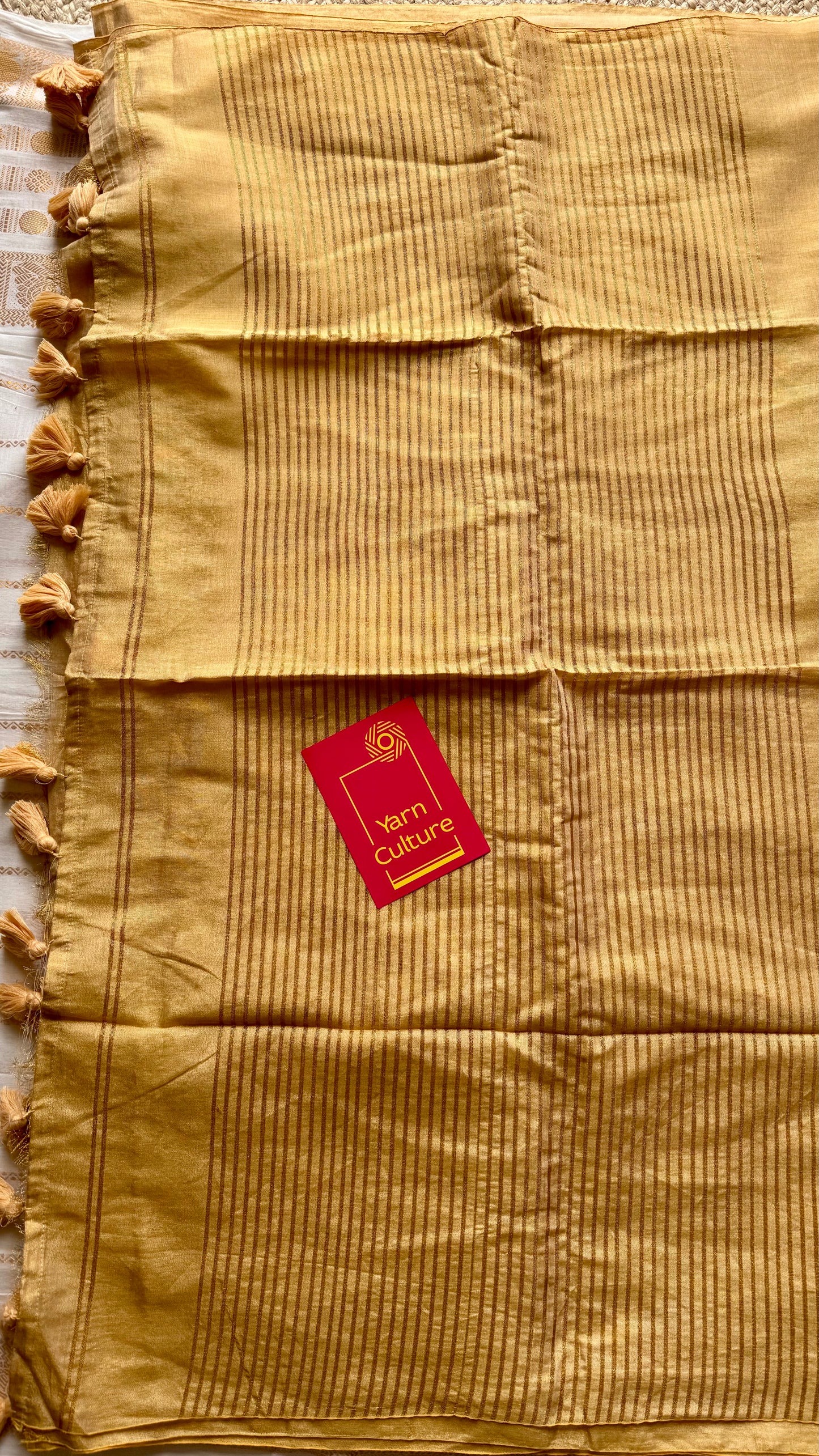Plain gold mul tissue saree, striped pallu - YCIEON07