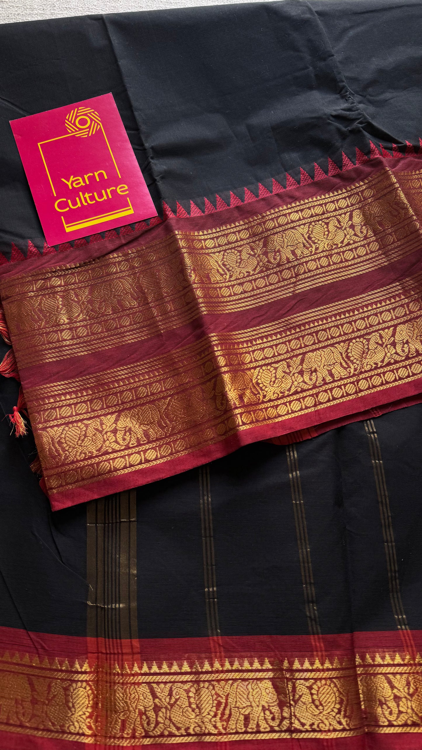 Black with dark red contrast, wide zari border, kanchi cotton - YCCOTNKCJA213