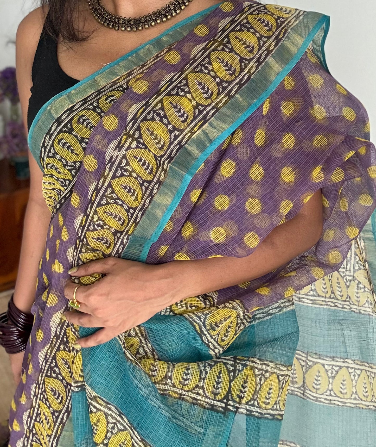 Jamun Gola - Purple with yellow kota doria, with gold zari border - YCTORKDAP13