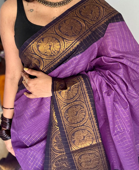 Purple with black checkered sungudi, madurai cotton - YCCOTNSUDE42