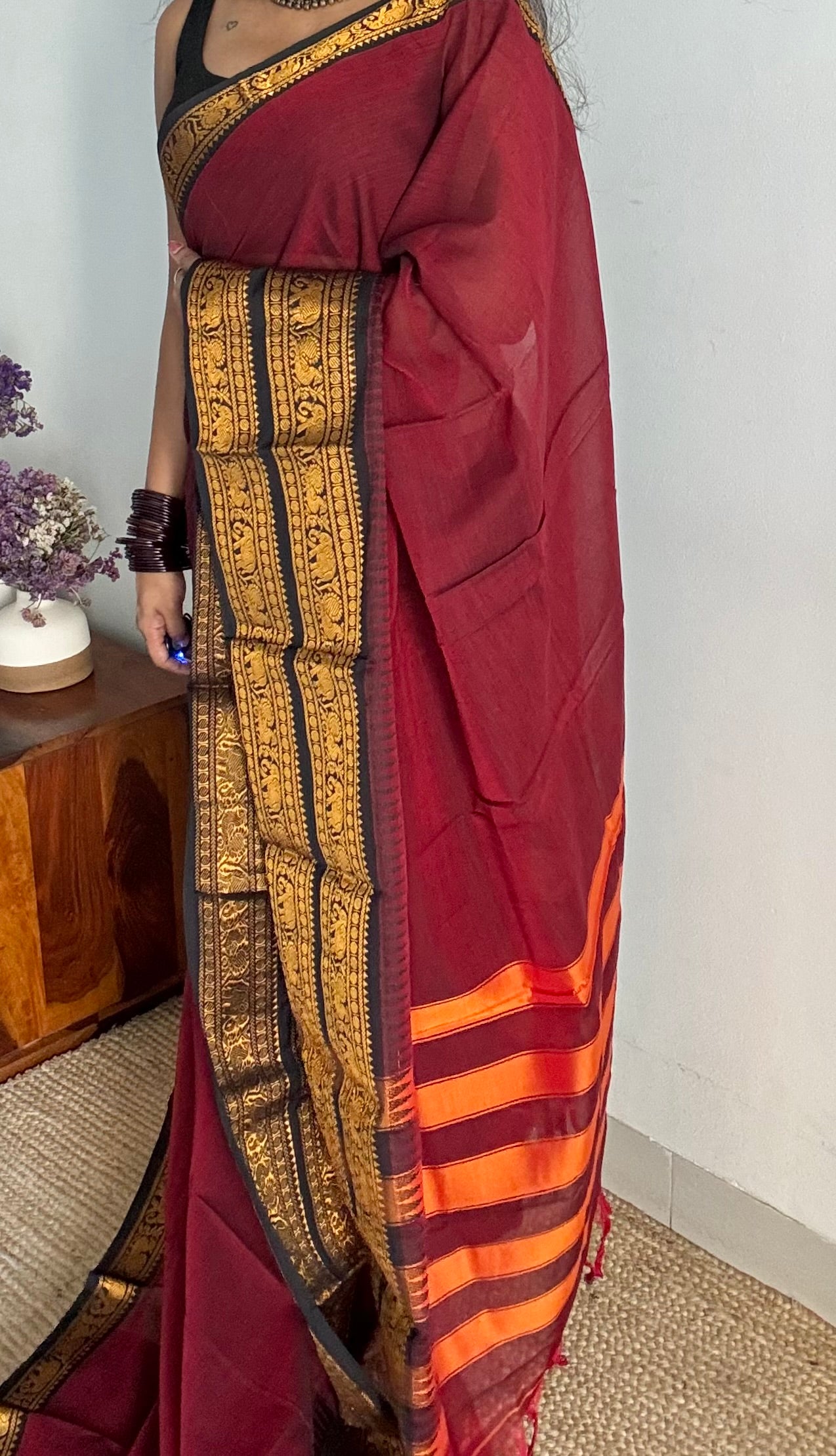 Kanchi cotton saree, dark red with black wide zari border - YCCOTNMA263