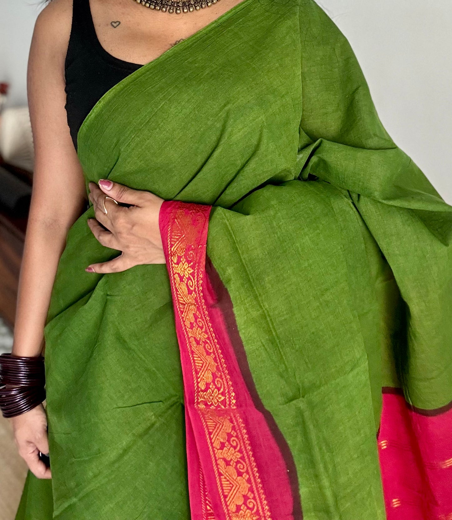 Green with chilli red contrast, kattuchayam dyed madurai cotton saree - YCCOTNMA240