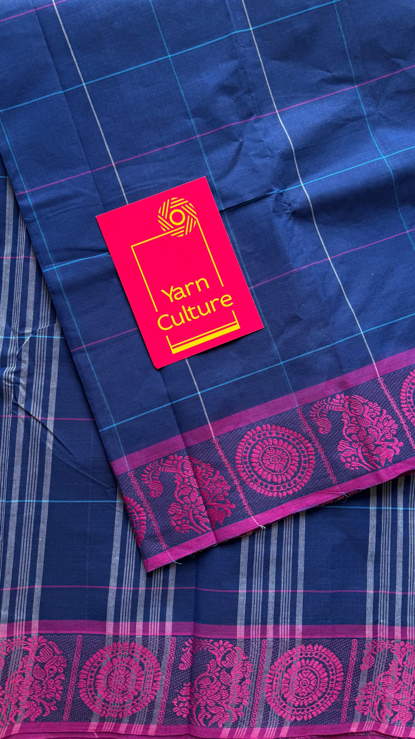 Chettinad cotton saree in dark blue with pink checks, thread motif border - YCCOTNJUCC06