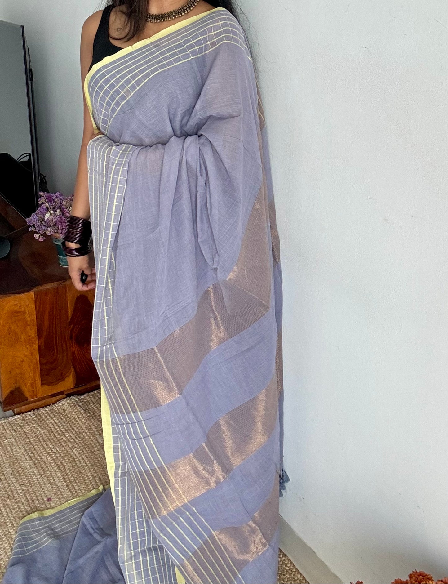 Grey handloom mul saree with custard yellow checkered borders and antique gold buttas - YCBCMCFE387