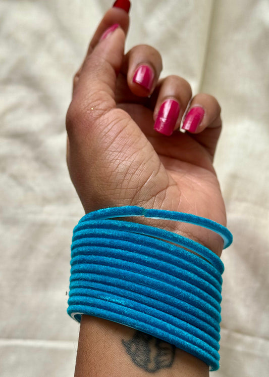 Light blue velvet glass bangles, set of 12 - YCBANGL389