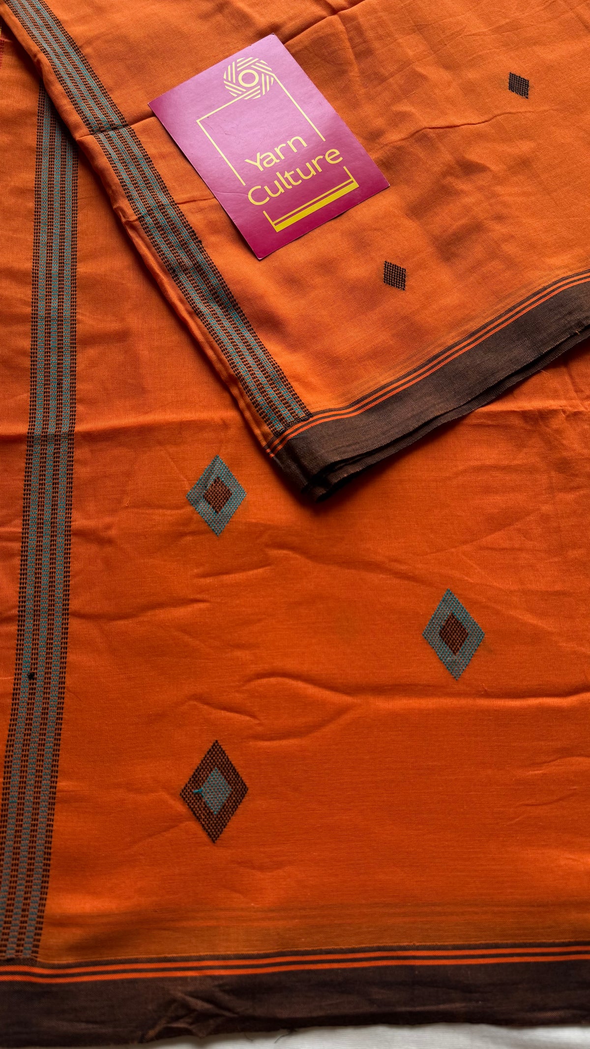 Handloom Bengal soft cotton saree, orange with woven buttas and brown borders - YCBCMCSE36