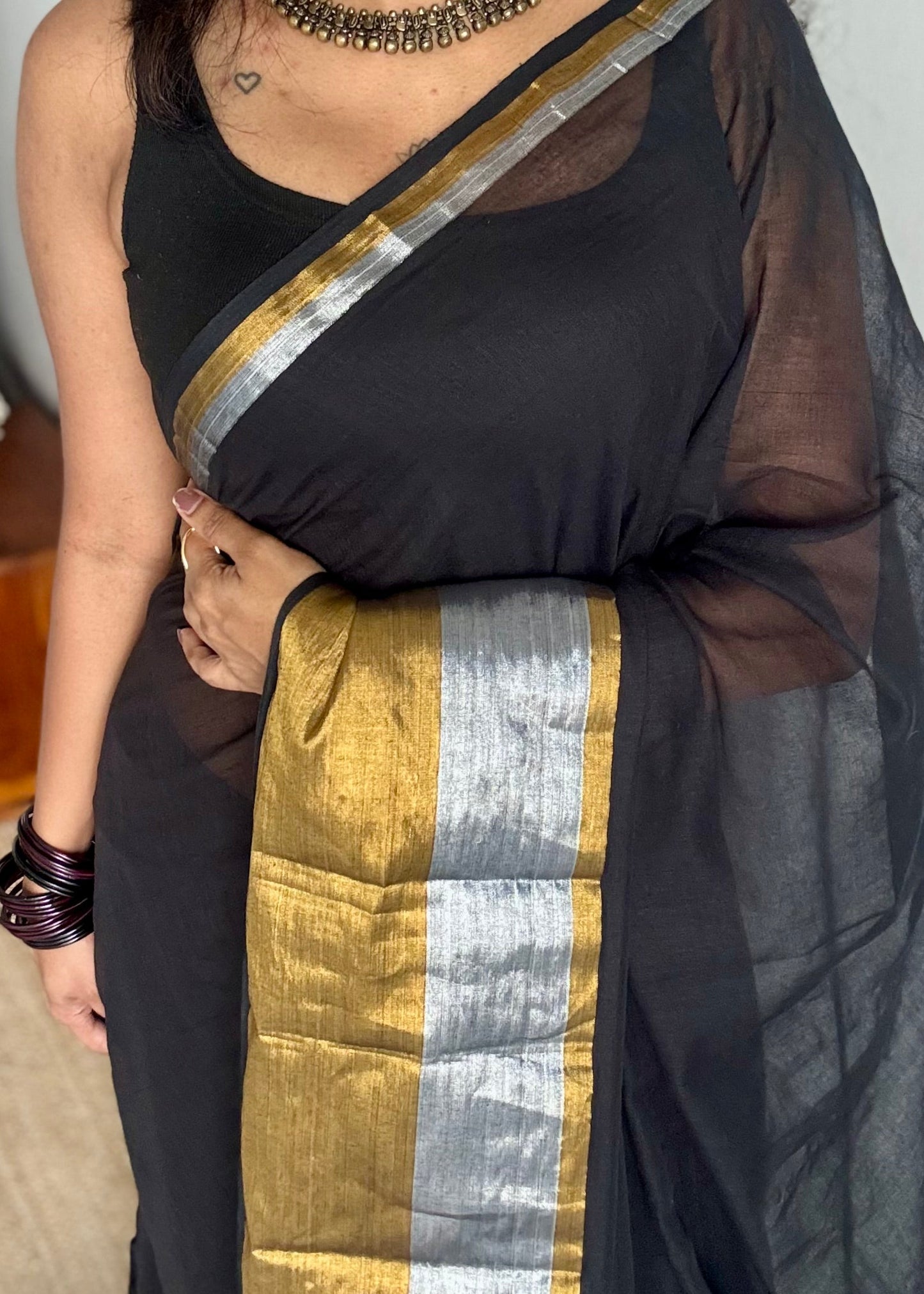 Black mul with silver and antique gold zari border - YCBCMCNO57