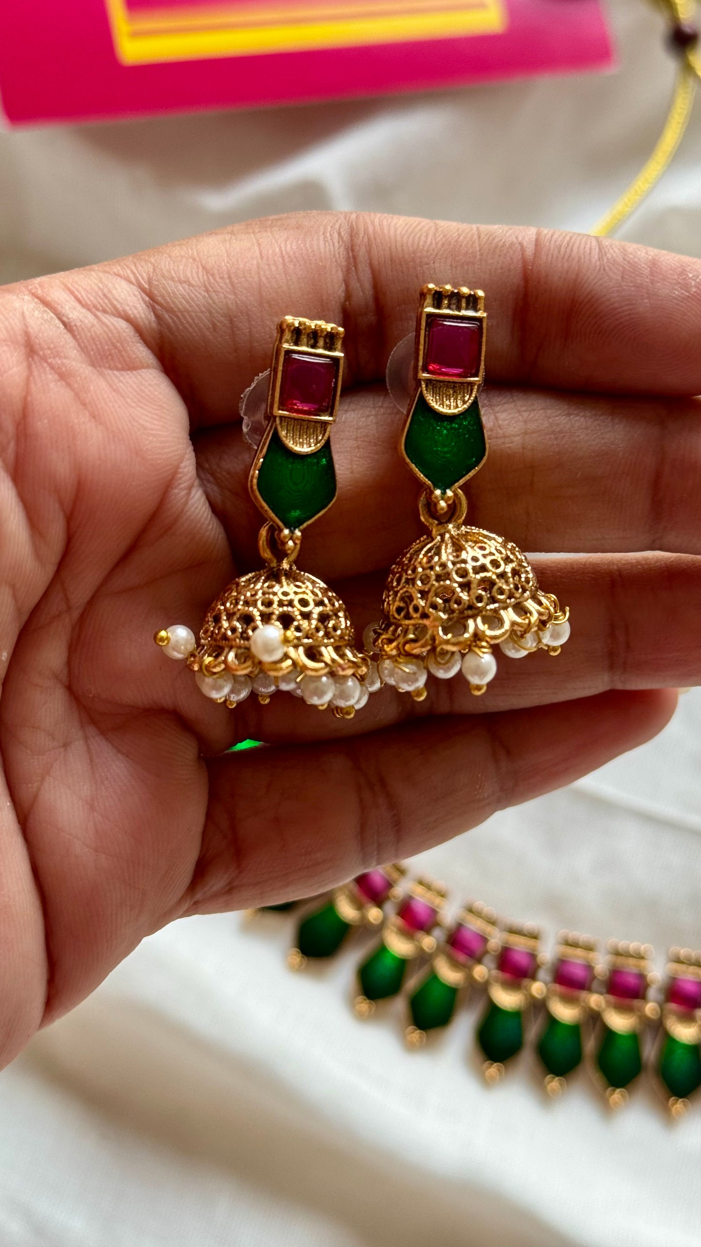 Green ruby nagapadam neckpiece, with earrings - YCGPNP613