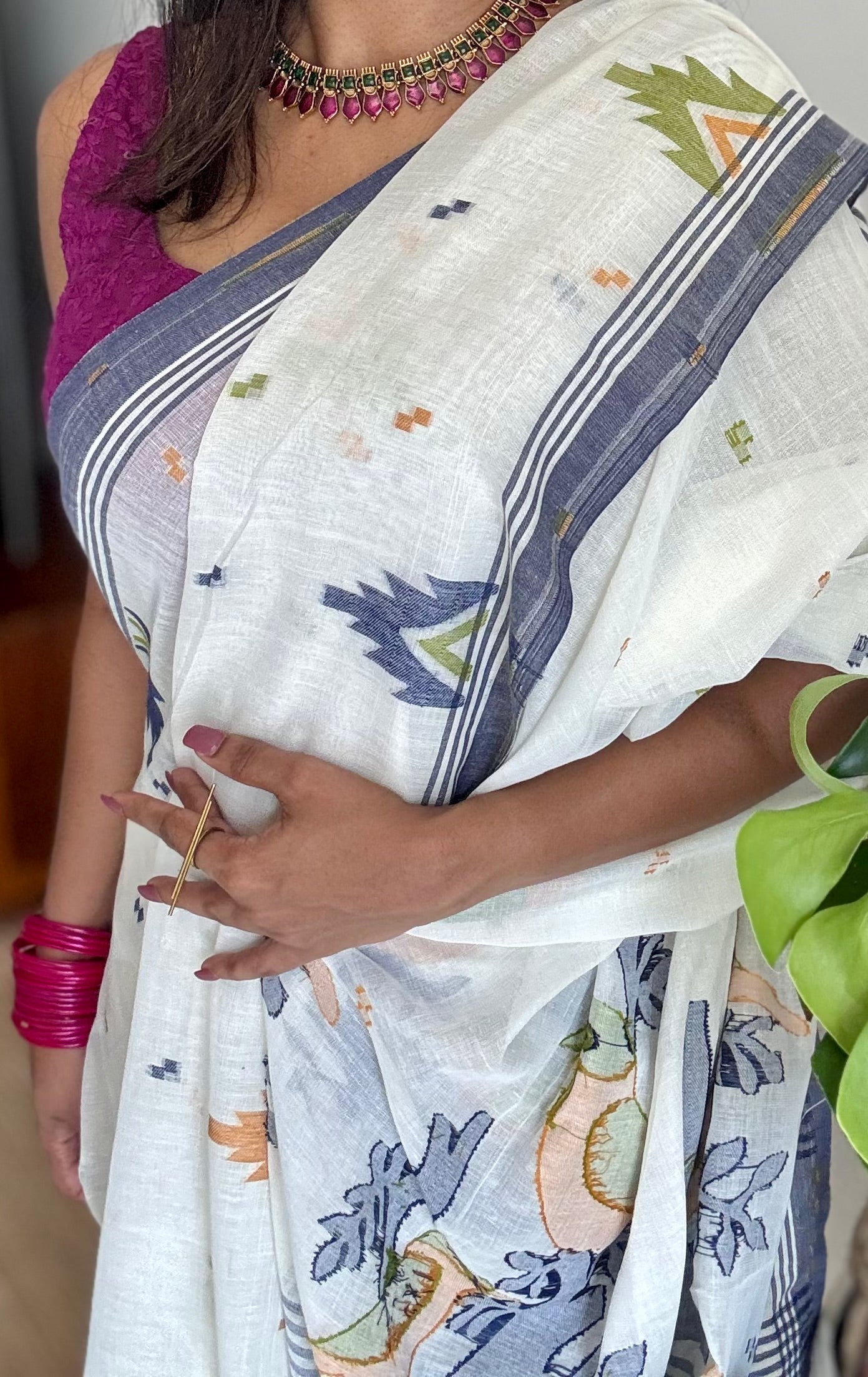 Ivory soft cotton saree, jamdani bird work - YCIEON38