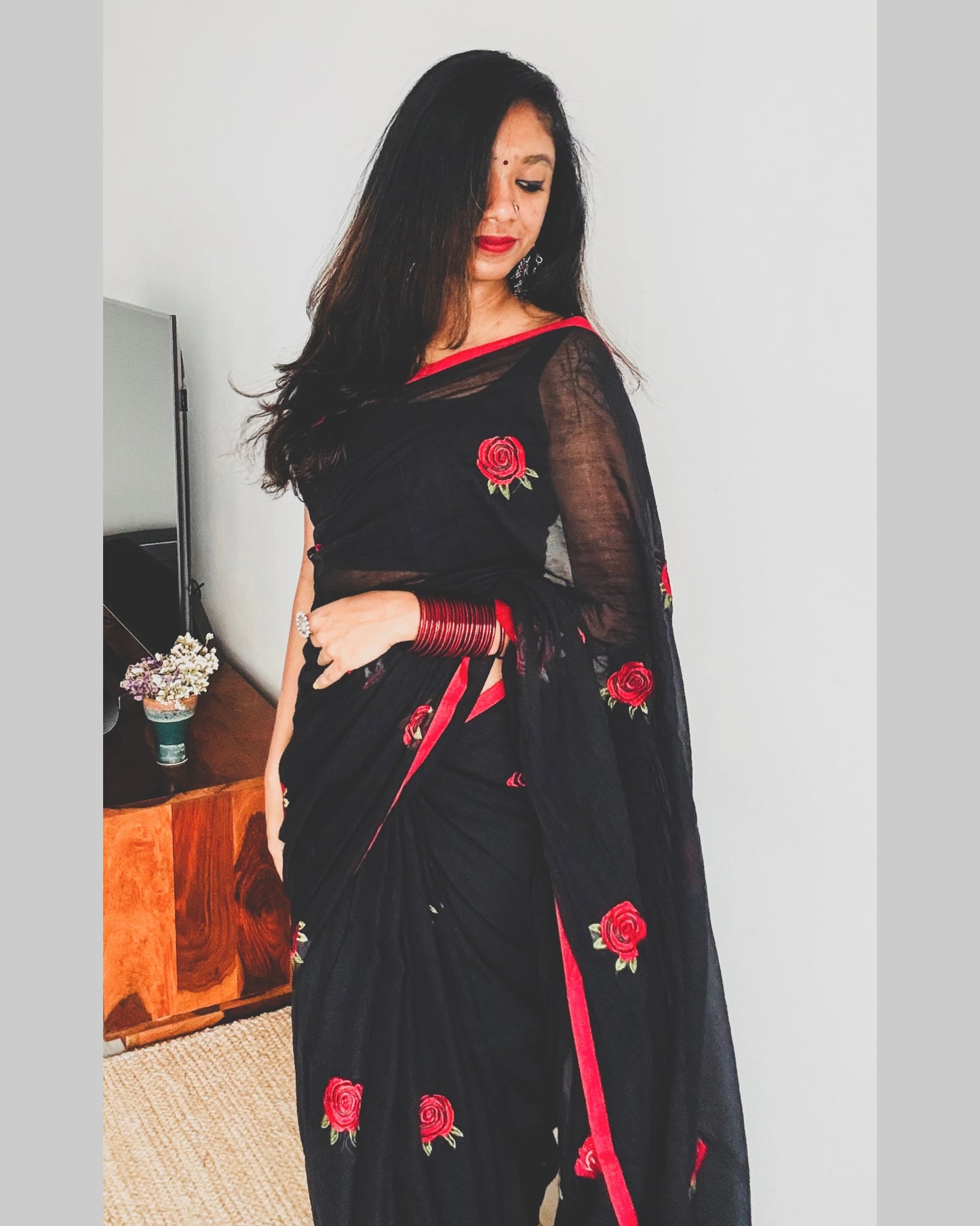 Black mul with red rose thread embroidery - YCBCMCNO69