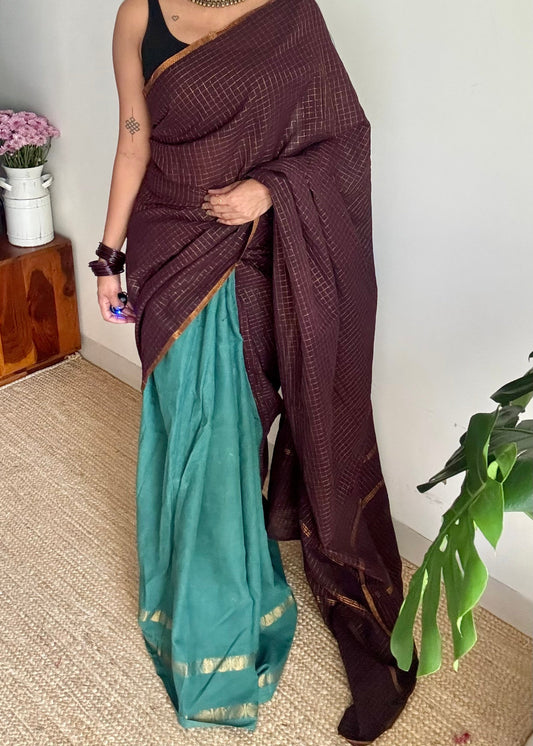 Brown with mint green, sungudi cotton half and half saree - YCCOTNIDOC155