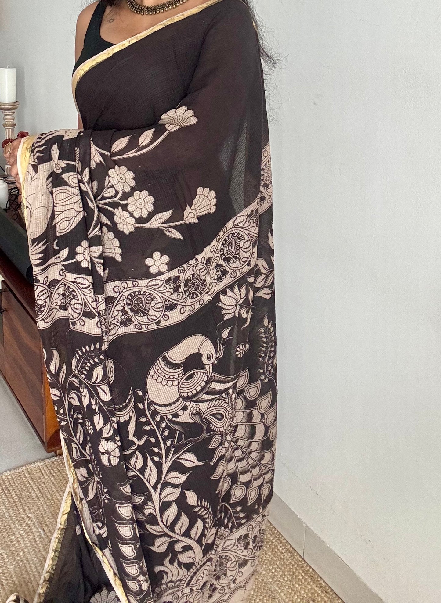 Black floral kalamkari saree in kota - YCWOTDMA356