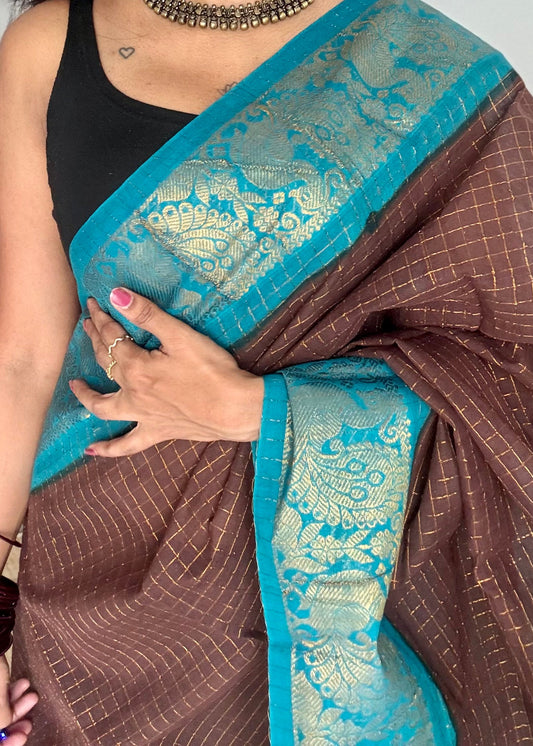 Brown with aqua blue contrast zari checkered sungudi, kattuchayam dyed madurai cotton - YCCOTNMSAP169