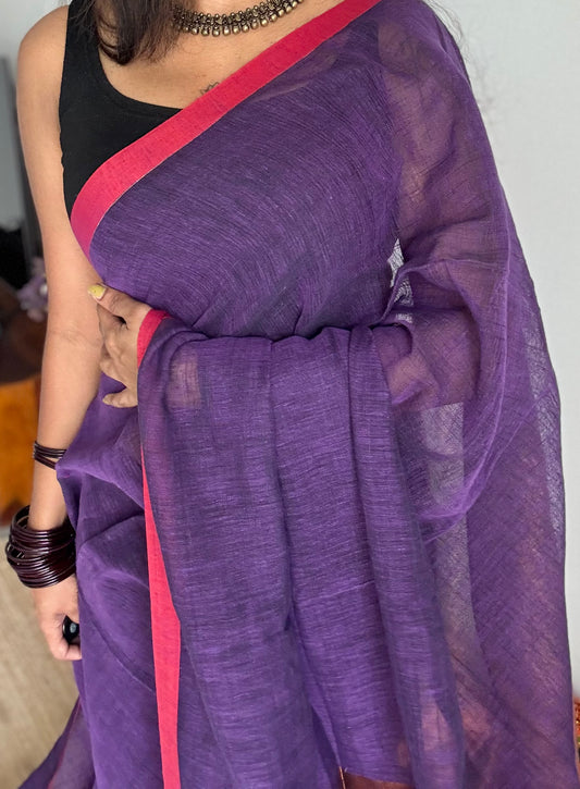 Purple plain linen by cotton saree with copper zari pallu - YCBCLCFE396