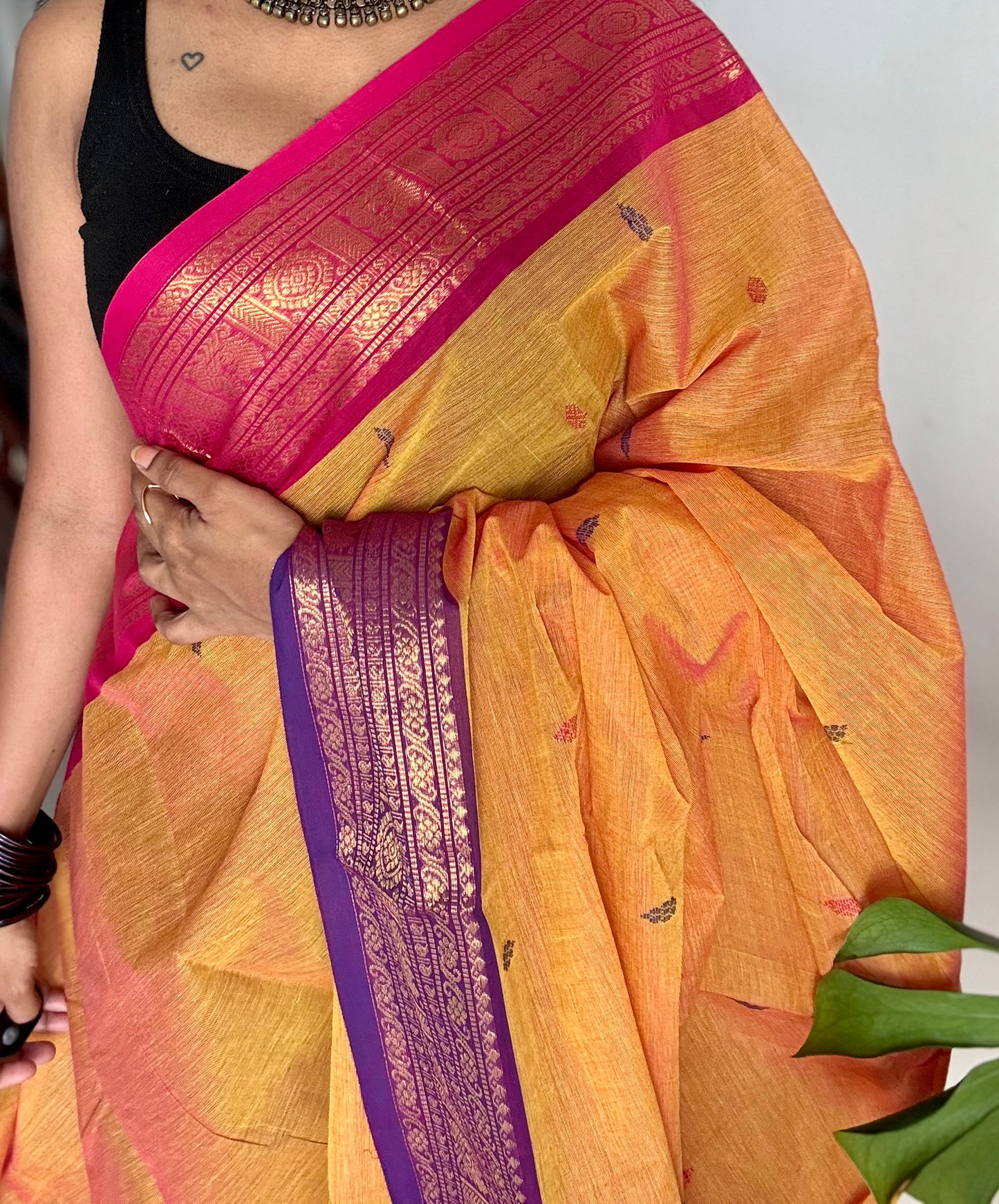 Light orange with hot pink and purple contrast, kanchi cotton saree - YCCOTNMA325