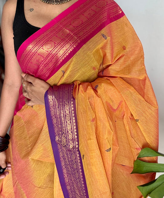 Light orange with hot pink and purple contrast, kanchi cotton saree - YCCOTNMA325