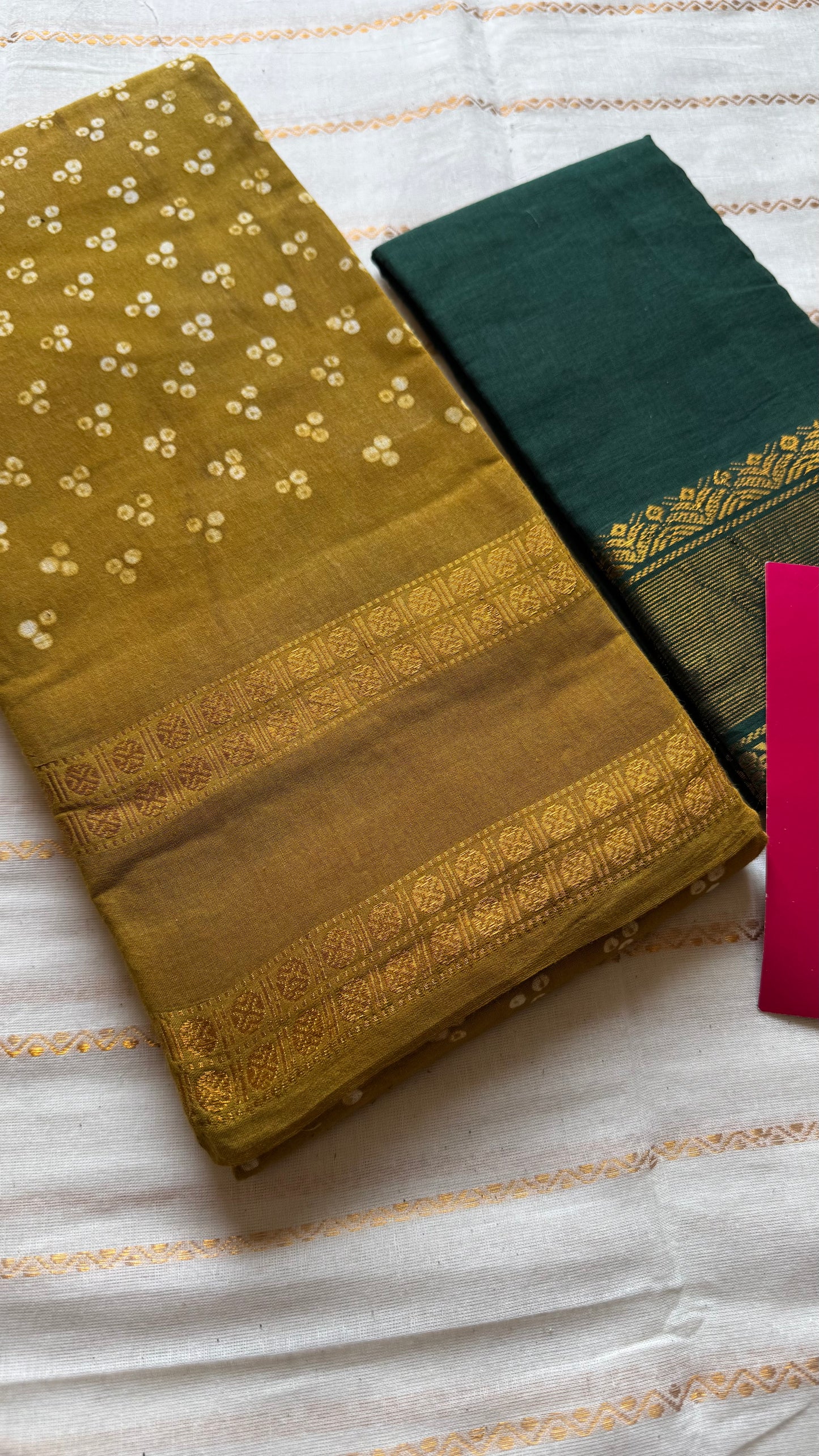 Ginger/mehendi green, wax dot printed sungudi, kattuchayam dyed madurai cotton - YCCOTNMSAP150